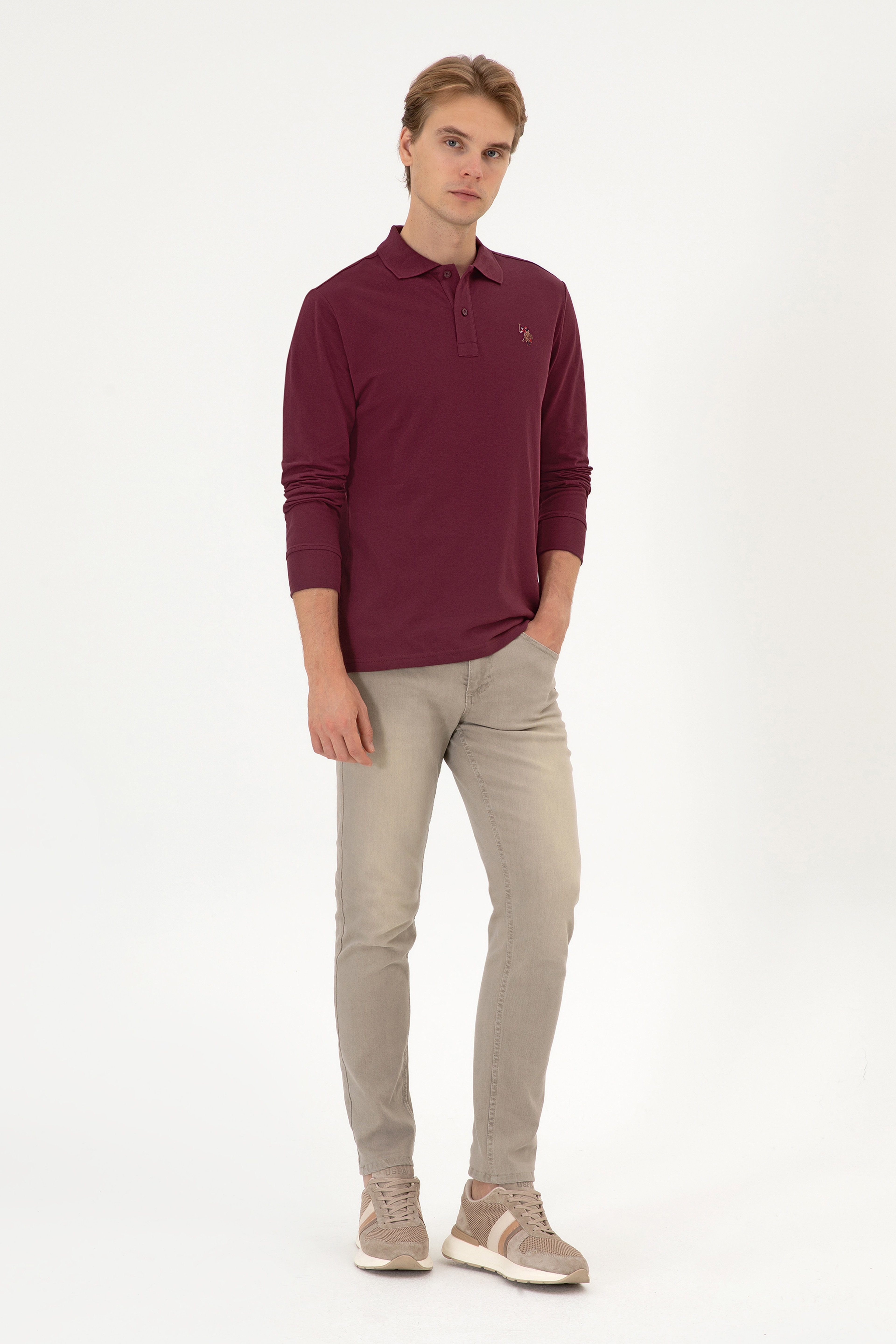 Erkek Regular Fit Polo Yaka Koyu Bordo Basic Sweatshirt - Image 4
