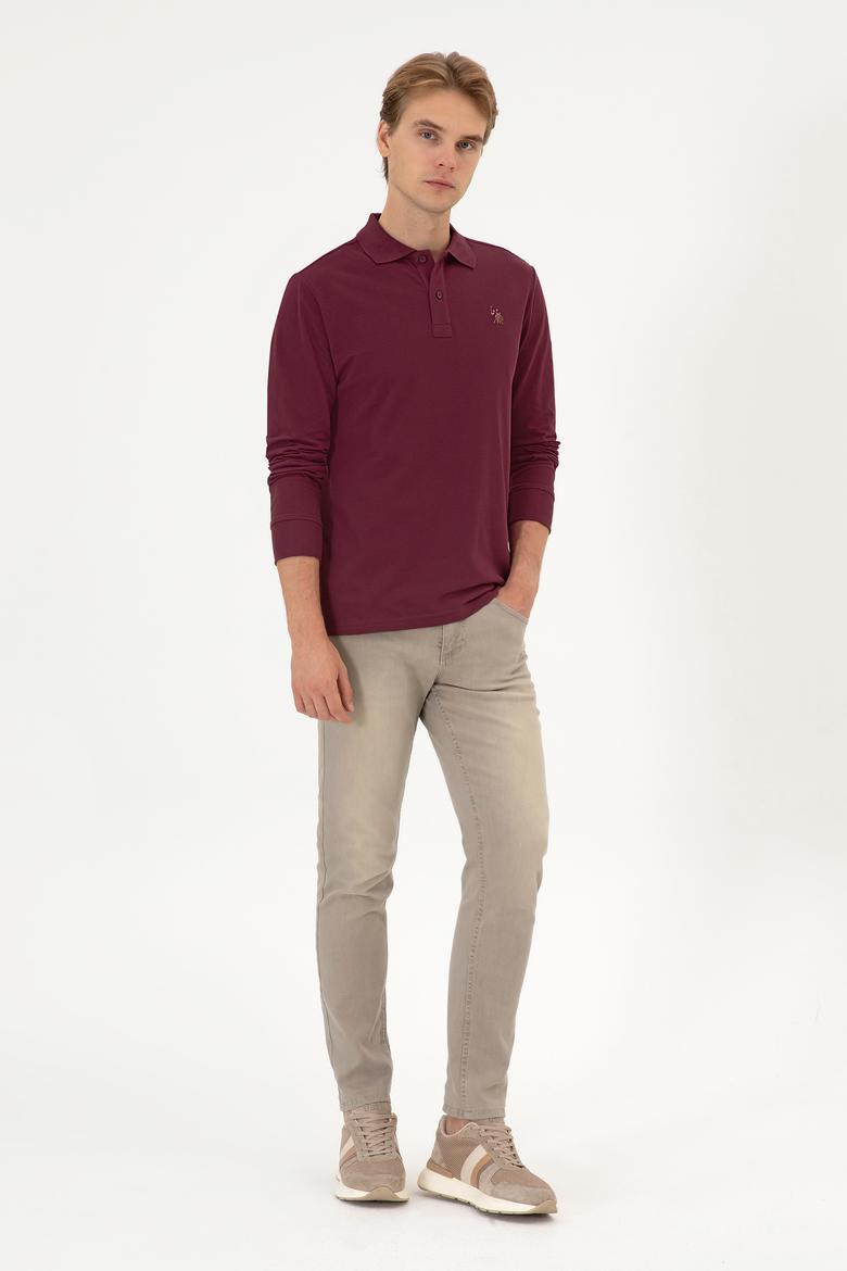 Erkek Regular Fit Polo Yaka Koyu Bordo Basic Sweatshirt - 50313772147