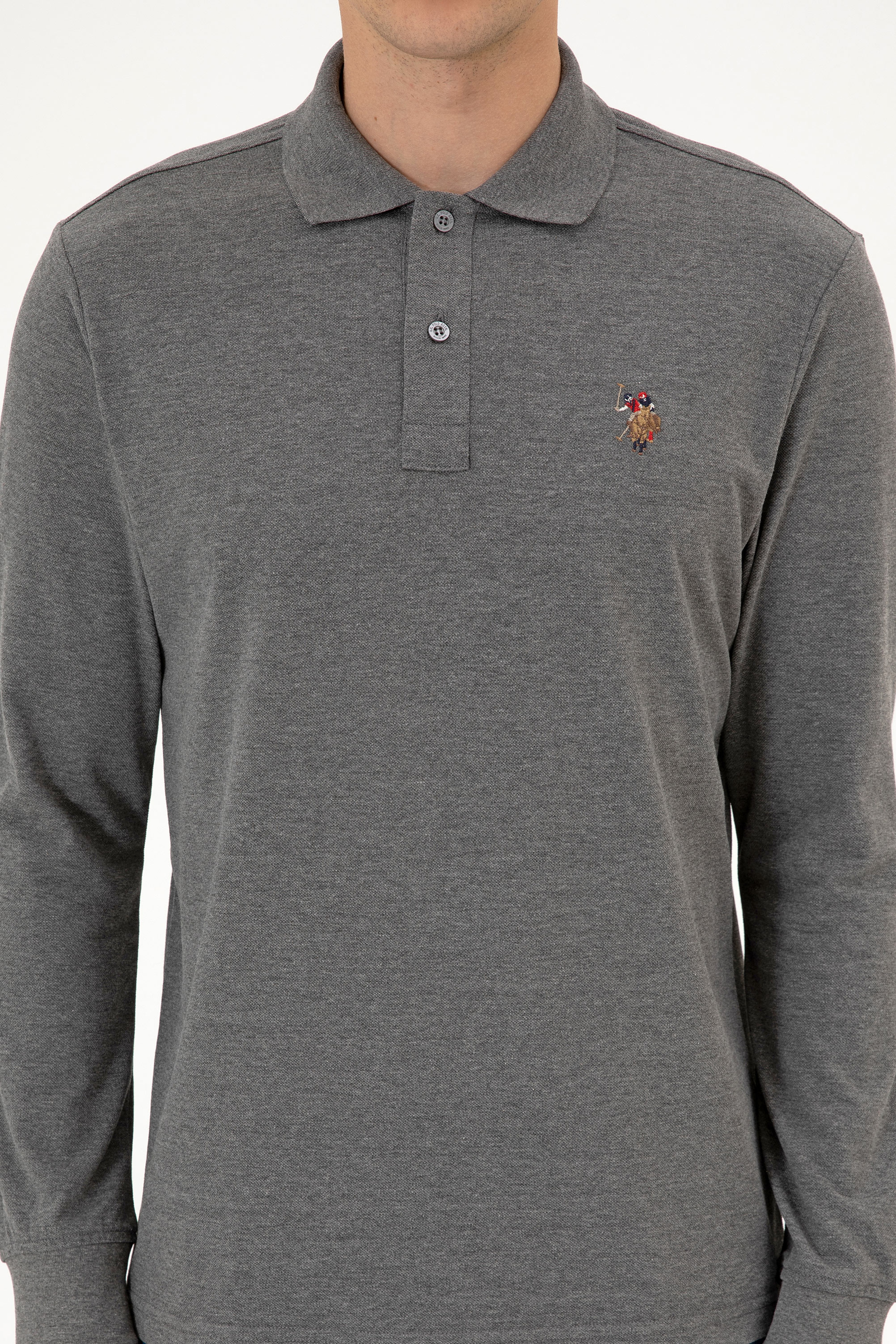 Erkek Regular Fit Polo Yaka Antrasit Melanj Basic Sweatshirt - Image 6