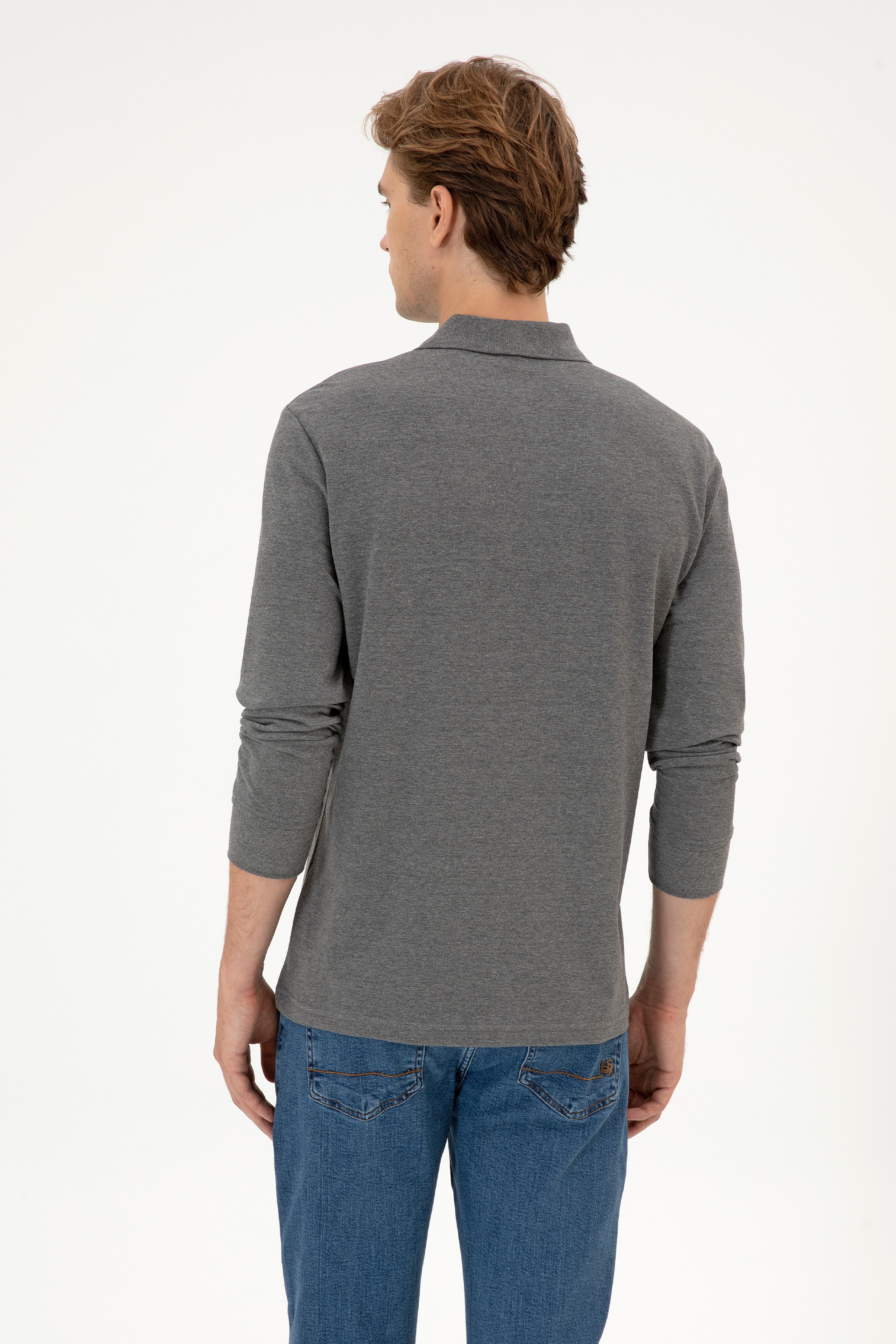 Erkek Regular Fit Polo Yaka Antrasit Melanj Basic Sweatshirt