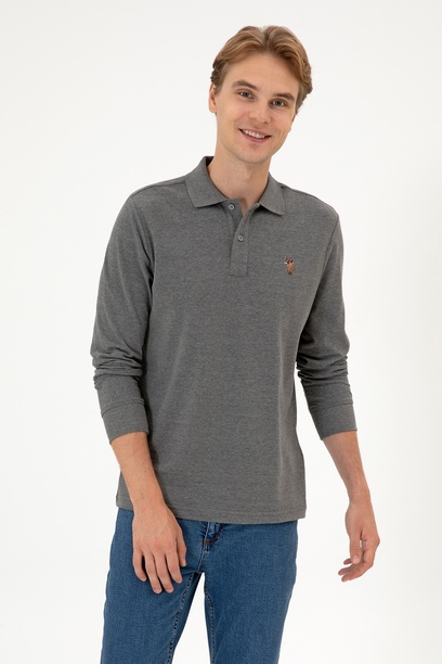 Erkek Regular Fit Polo Yaka Antrasit Melanj Basic Sweatshirt
