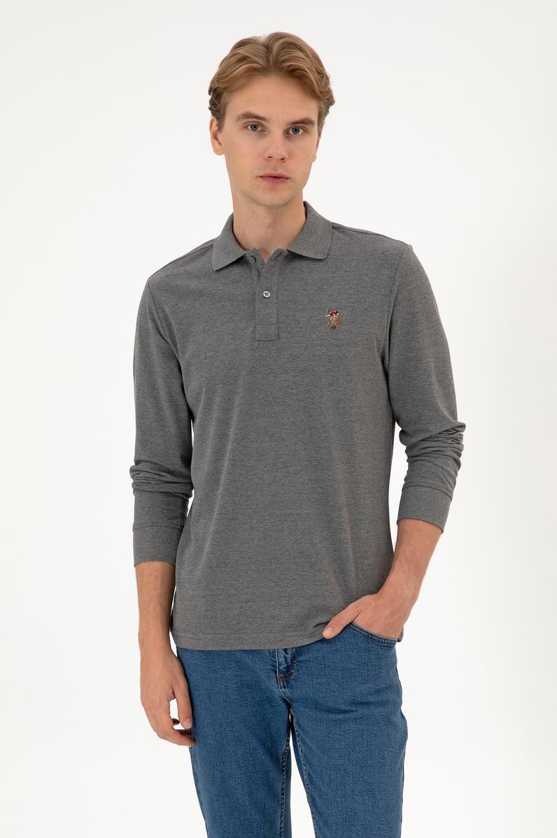 Erkek Regular Fit Polo Yaka Antrasit Melanj Basic Sweatshirt