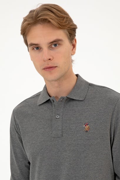 Erkek Regular Fit Polo Yaka Antrasit Melanj Basic Sweatshirt