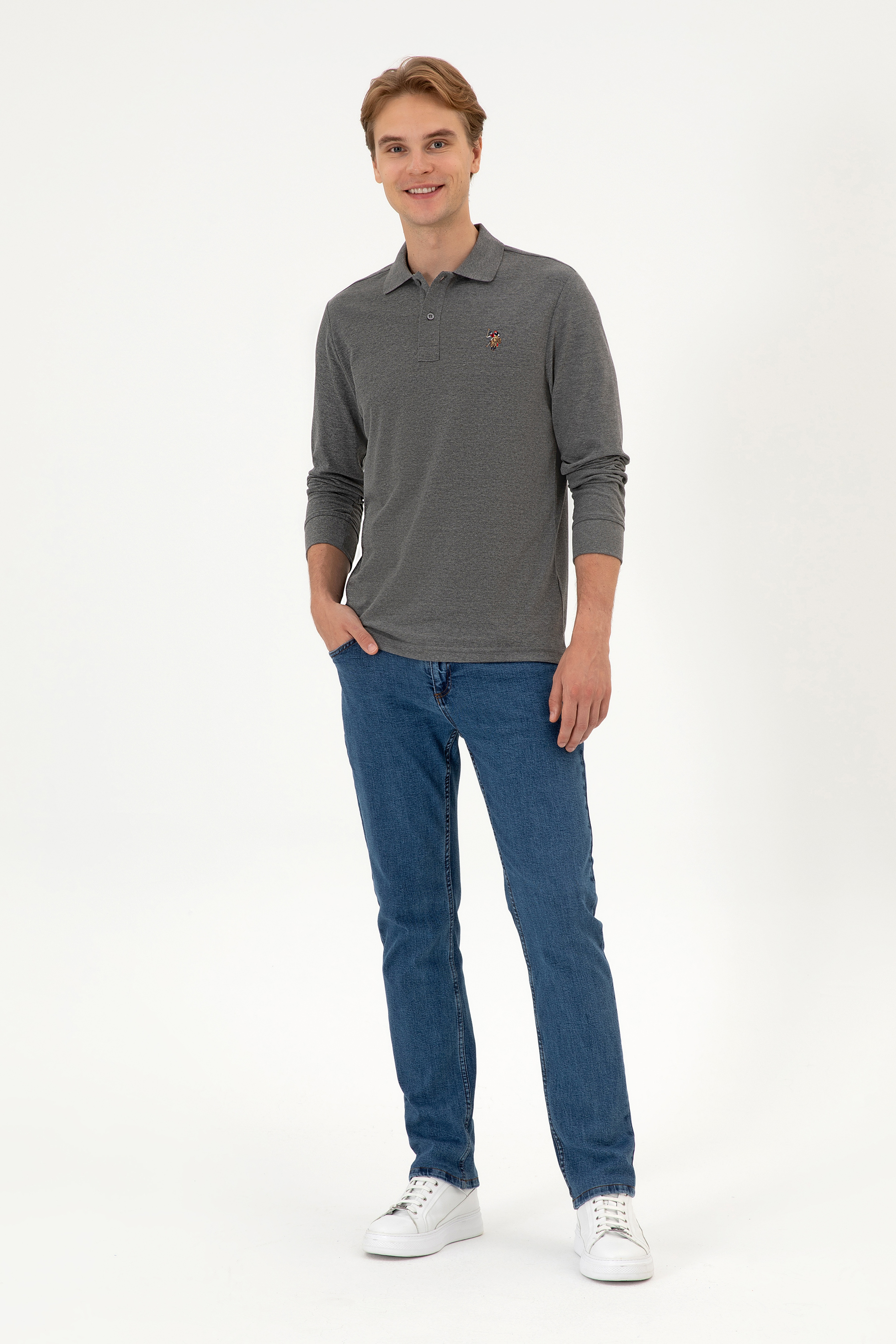 Erkek Regular Fit Polo Yaka Antrasit Melanj Basic Sweatshirt