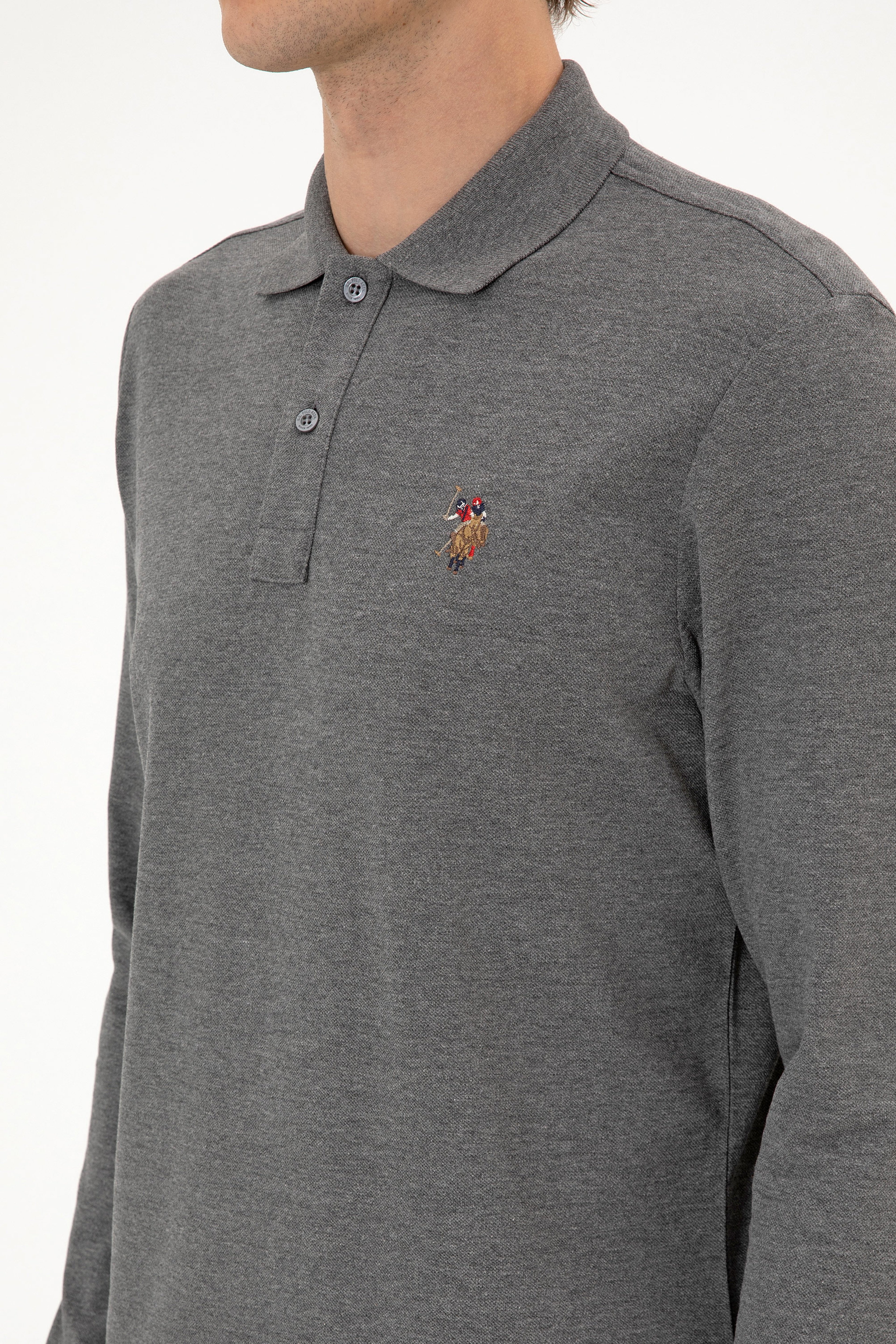 Erkek Regular Fit Polo Yaka Antrasit Melanj Basic Sweatshirt - Image 7