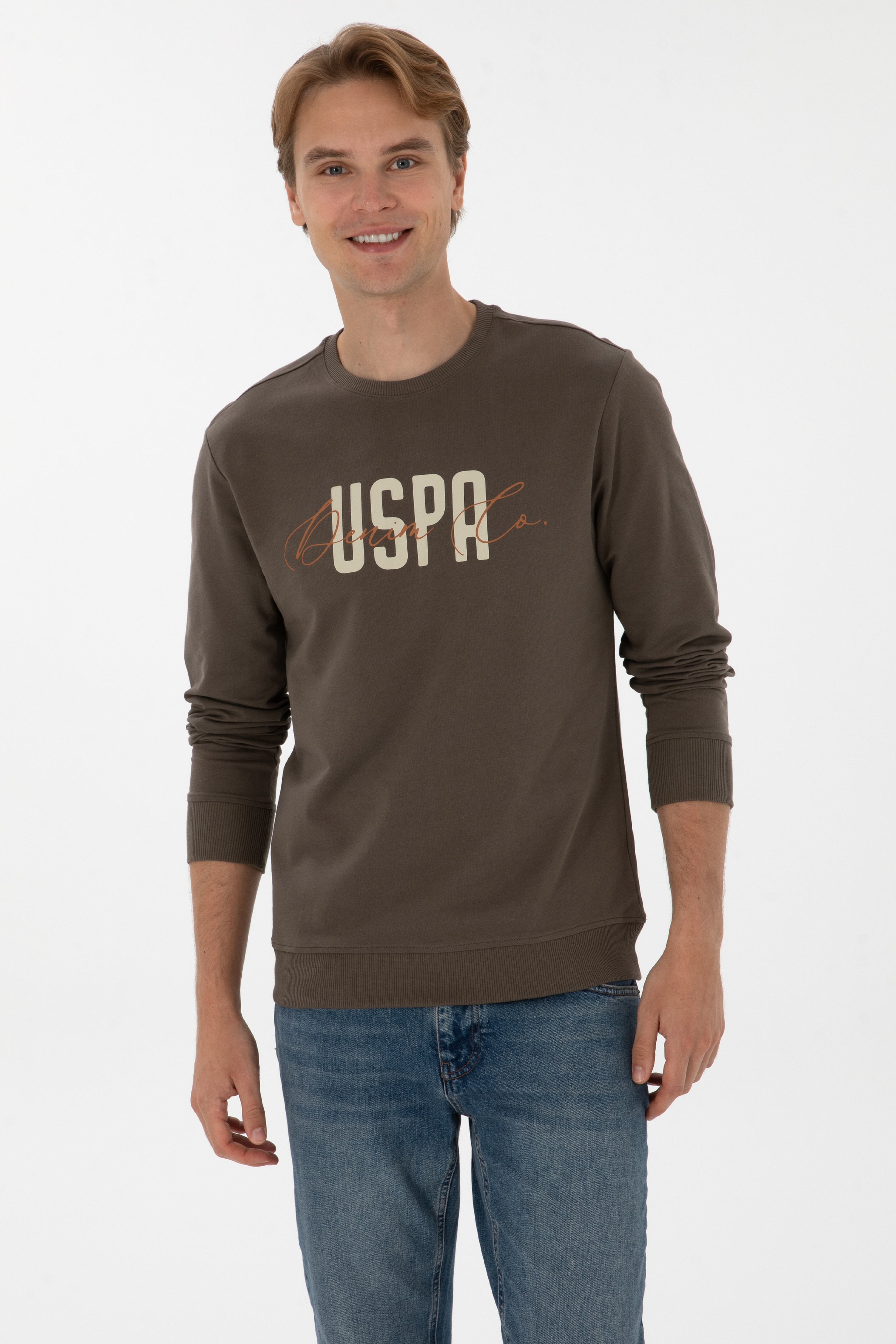 Erkek Regular Fit Bisiklet Yaka Vizon İnce Sweatshirt - Image 1