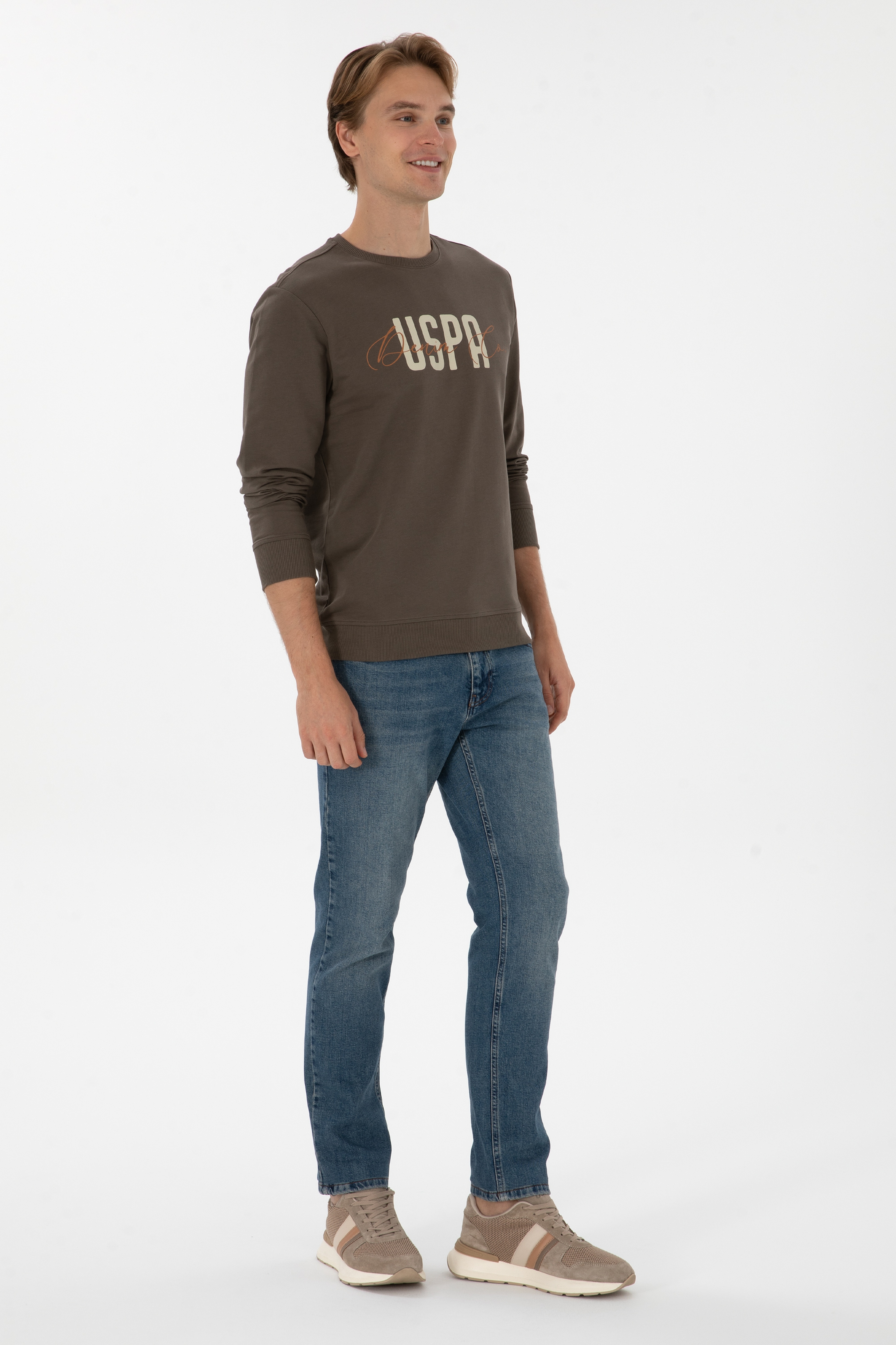 Erkek Regular Fit Bisiklet Yaka Vizon İnce Sweatshirt
