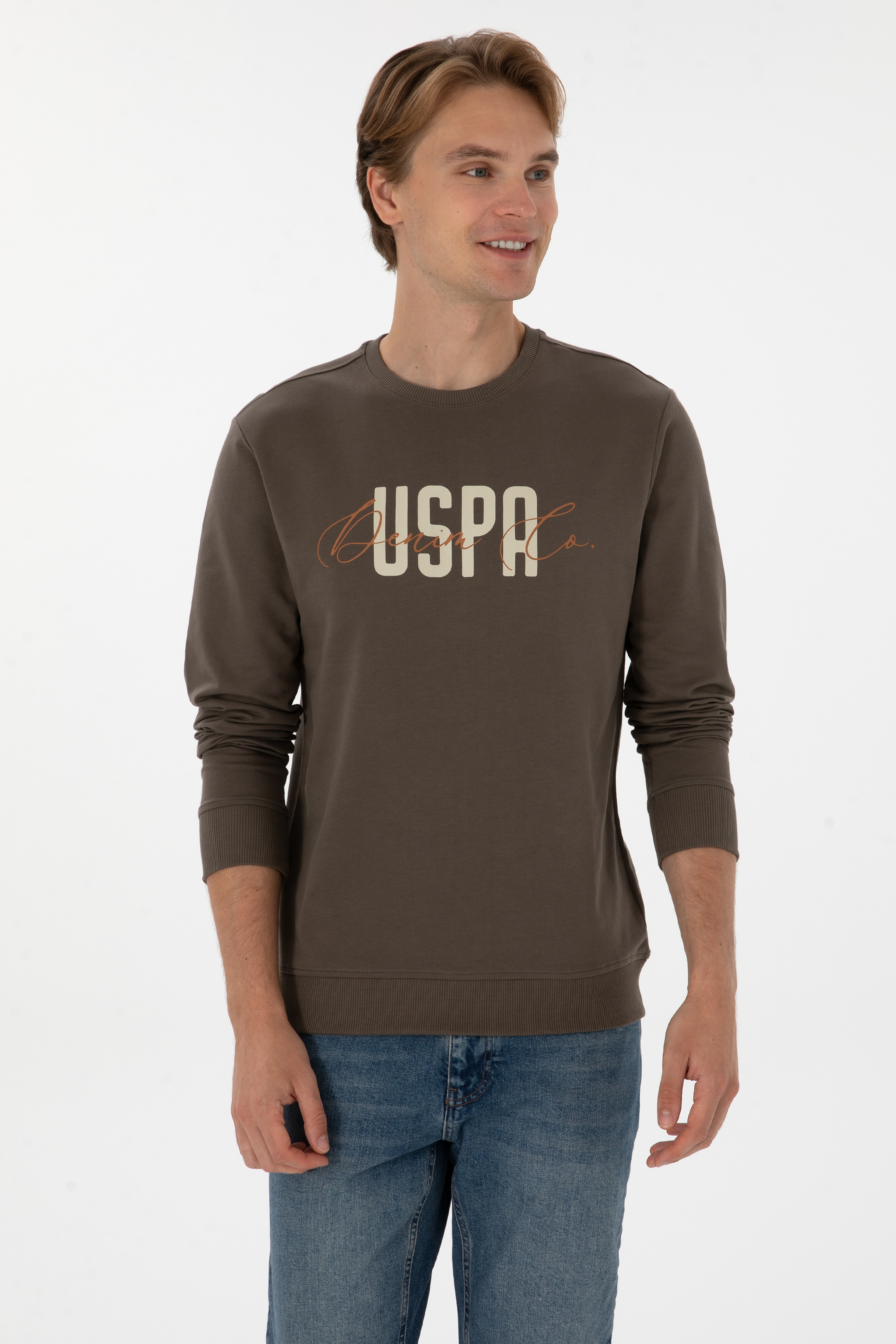 Erkek Regular Fit Bisiklet Yaka Vizon İnce Sweatshirt