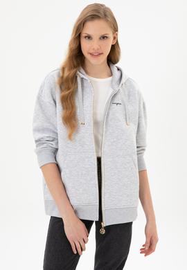 Kadın Açık Gri Şardonlu Kapüşonlu Sweatshırt - 50314130073