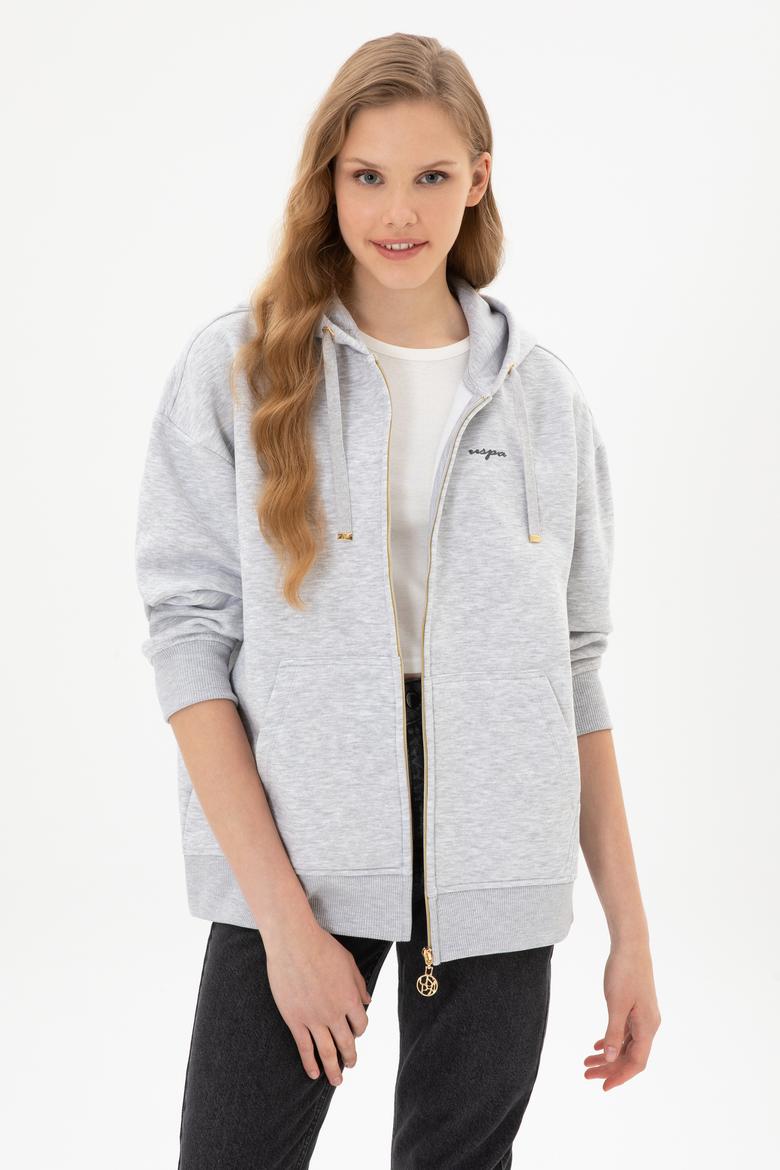 Kadın Açık Gri Şardonlu Kapüşonlu Sweatshırt