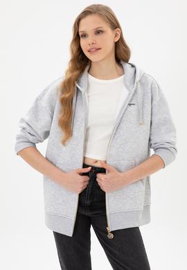 Kadın Açık Gri Şardonlu Kapüşonlu Sweatshırt - 50314130073