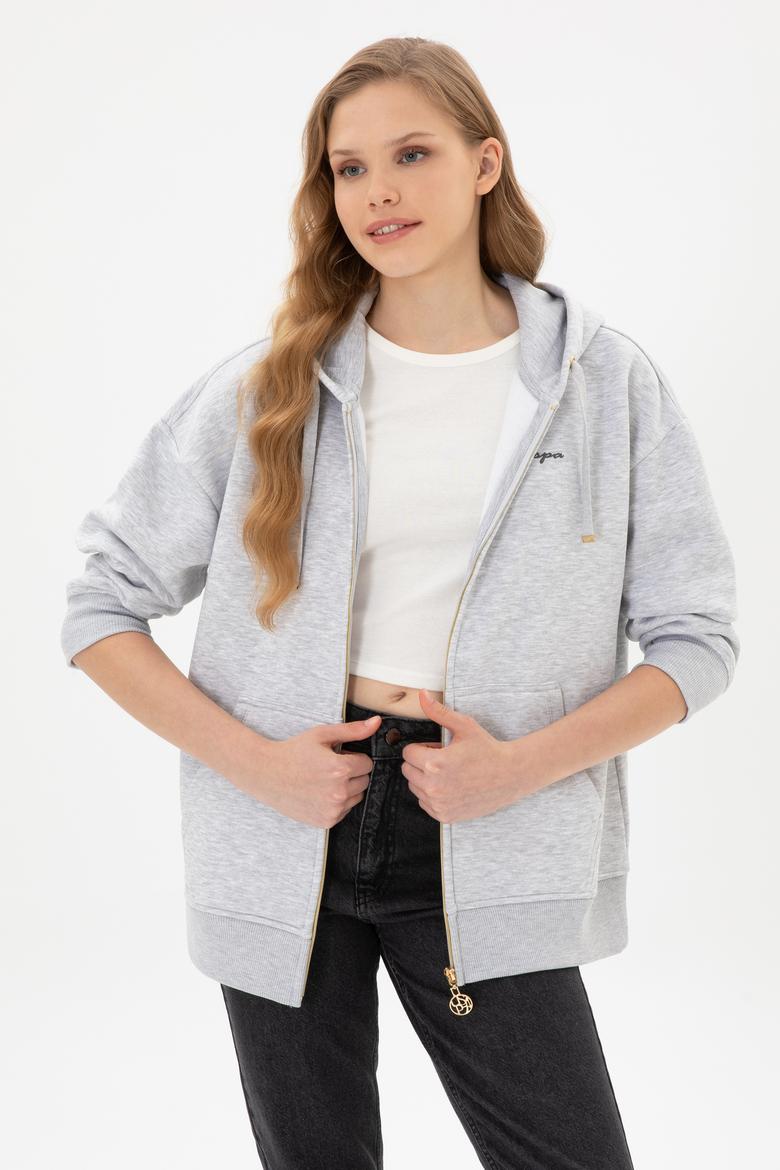 Kadın Açık Gri Şardonlu Kapüşonlu Sweatshırt - 50314130073