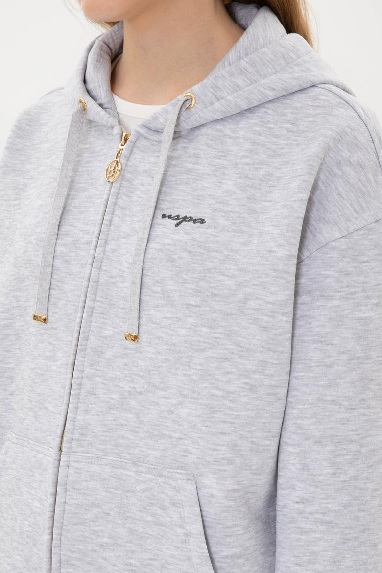 Kadın Açık Gri Şardonlu Kapüşonlu Sweatshırt - 50314130073