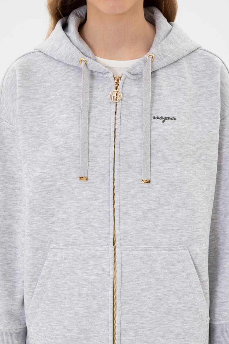 Kadın Açık Gri Şardonlu Kapüşonlu Sweatshırt - 50314130073