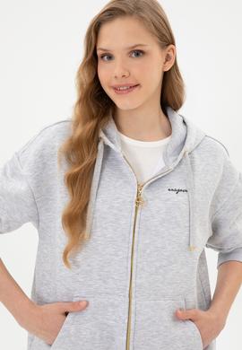 Kadın Açık Gri Şardonlu Kapüşonlu Sweatshırt - 50314130073