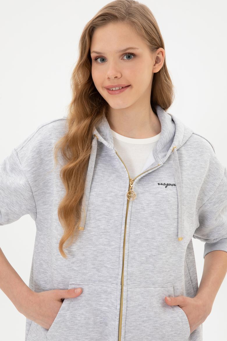 Kadın Açık Gri Şardonlu Kapüşonlu Sweatshırt - 50314130073