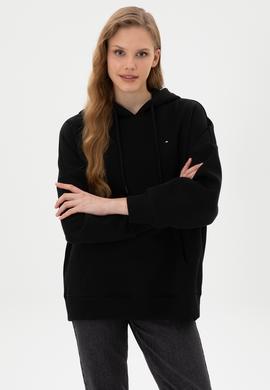 Kadın Siyah Şardonlu Kapüşonlu Sweatshırt - 50313567015