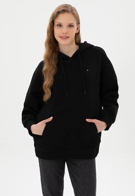 Kadın Siyah Şardonlu Kapüşonlu Sweatshırt - 50313567015