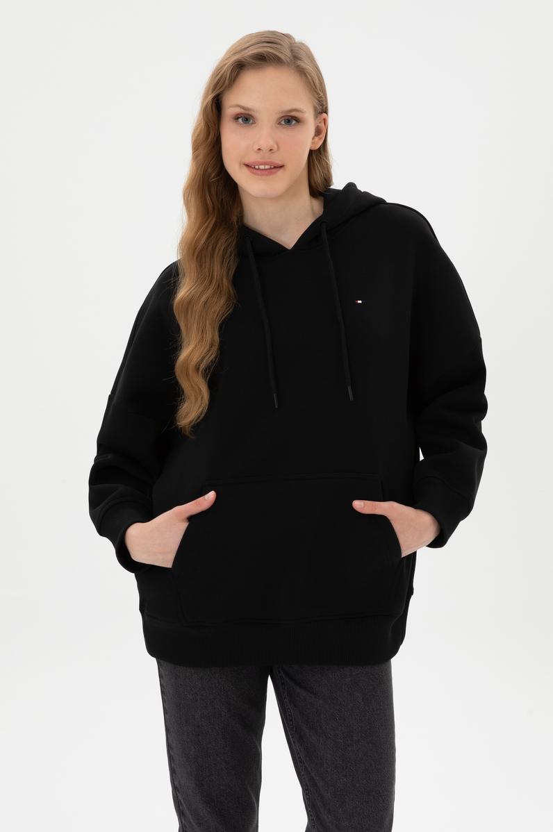 Kadın Siyah Şardonlu Kapüşonlu Sweatshırt