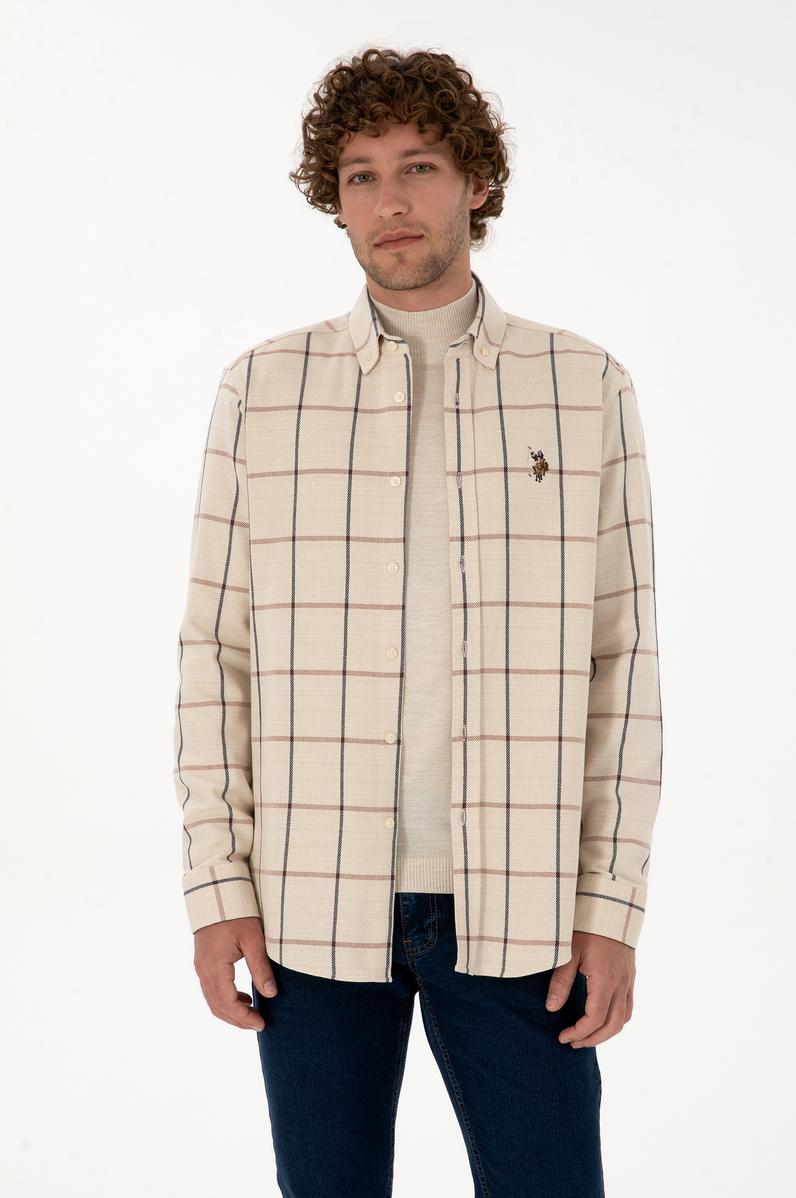 Erkek Krem Kareli Uzun Kollu Regular Gömlek