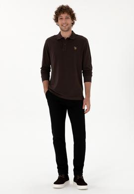 Erkek Regular Fit Polo Yaka Koyu Kahverengi Basic Sweatshirt - 50313772096