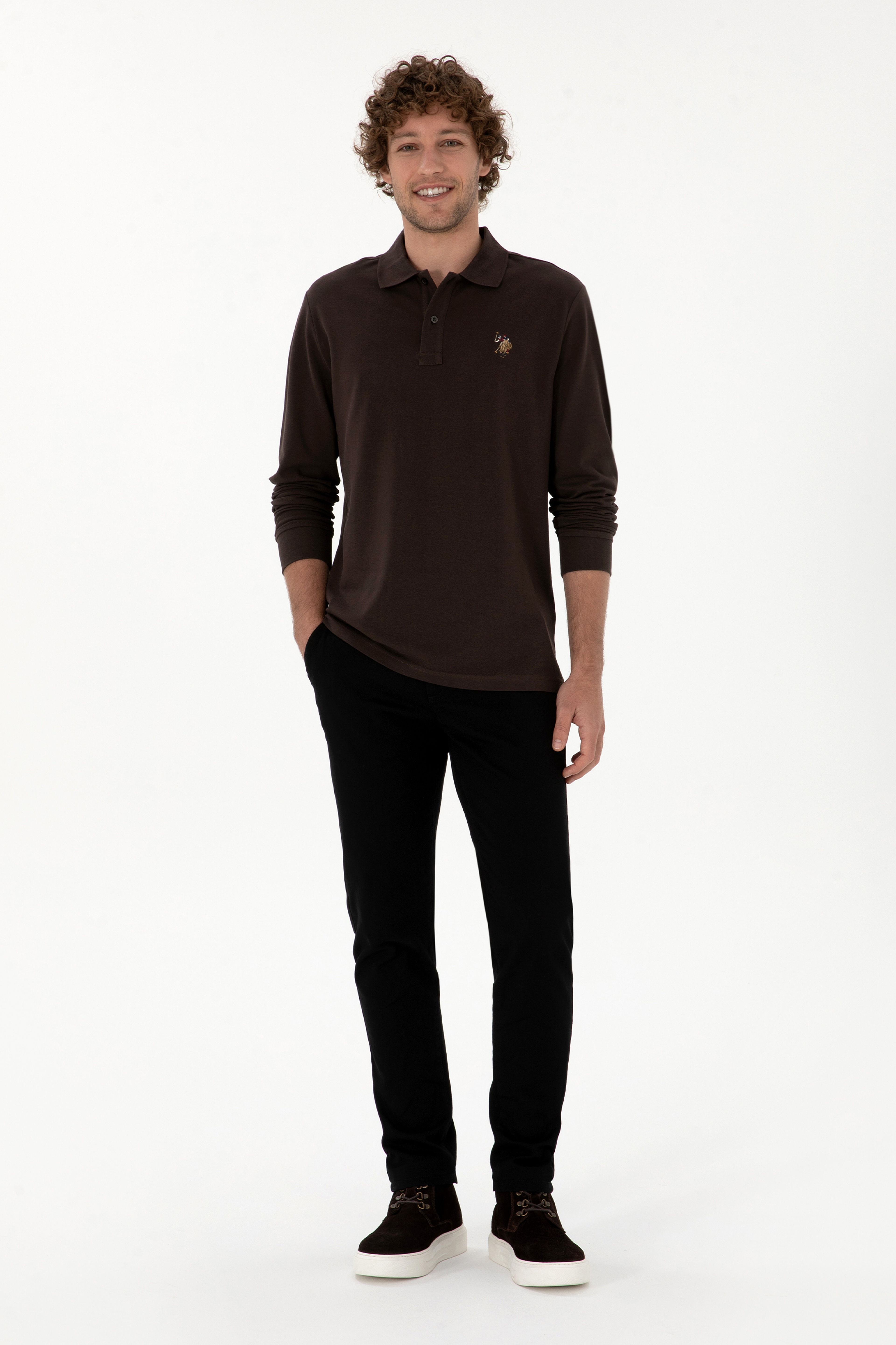 Erkek Regular Fit Polo Yaka Koyu Kahverengi Basic Sweatshirt - Image 4