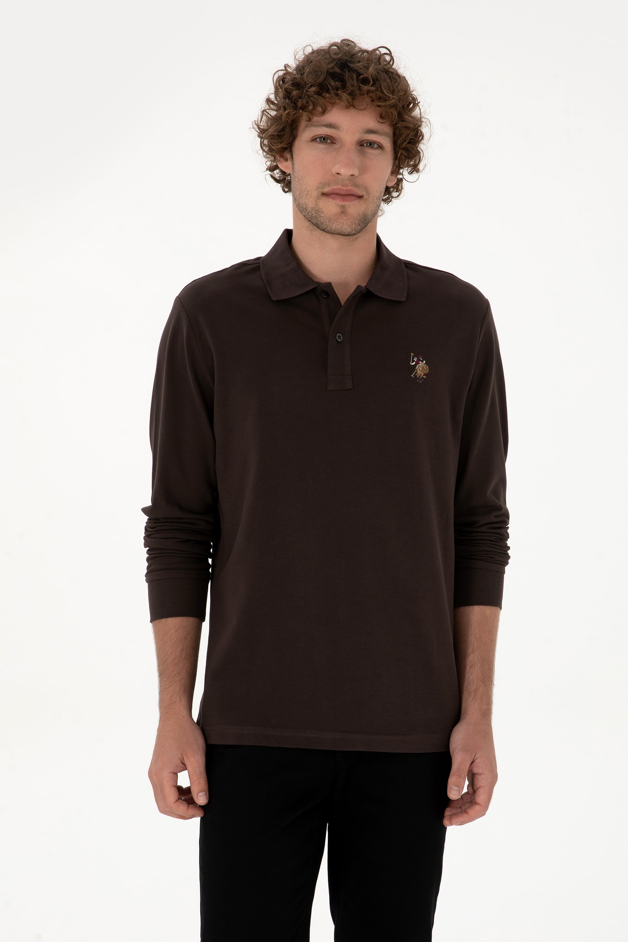 Erkek Regular Fit Polo Yaka Koyu Kahverengi Basic Sweatshirt - Image 1