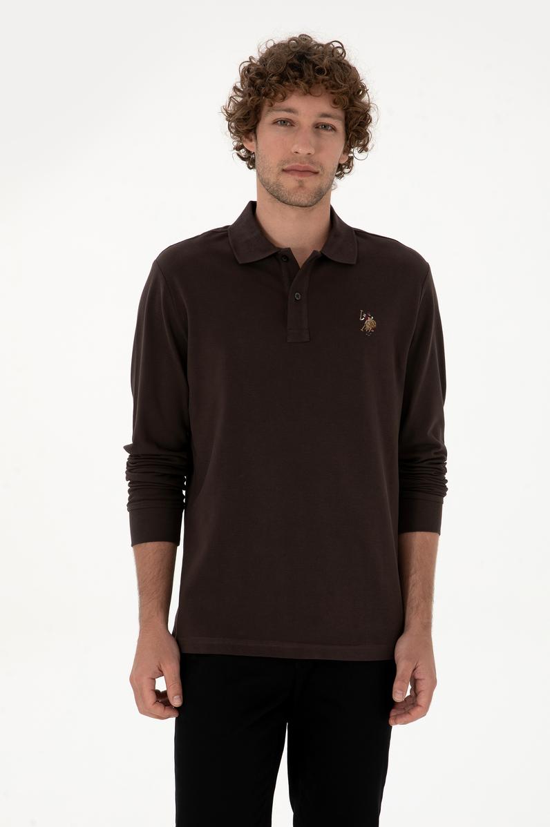 Erkek Regular Fit Polo Yaka Koyu Kahverengi Basic Sweatshirt