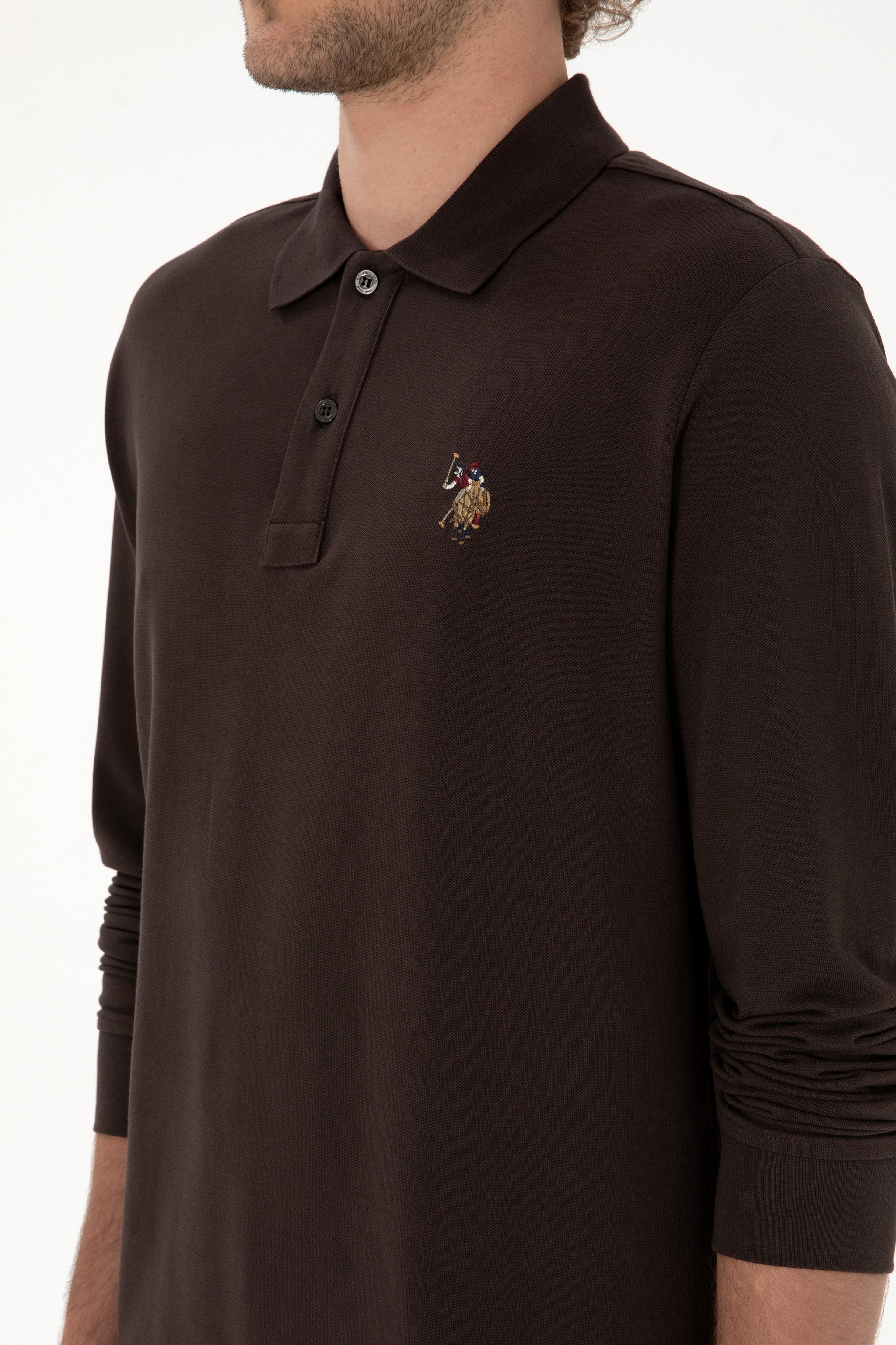 Erkek Regular Fit Polo Yaka Koyu Kahverengi Basic Sweatshirt