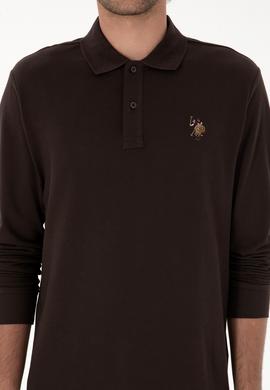 Erkek Regular Fit Polo Yaka Koyu Kahverengi Basic Sweatshirt - 50313772096