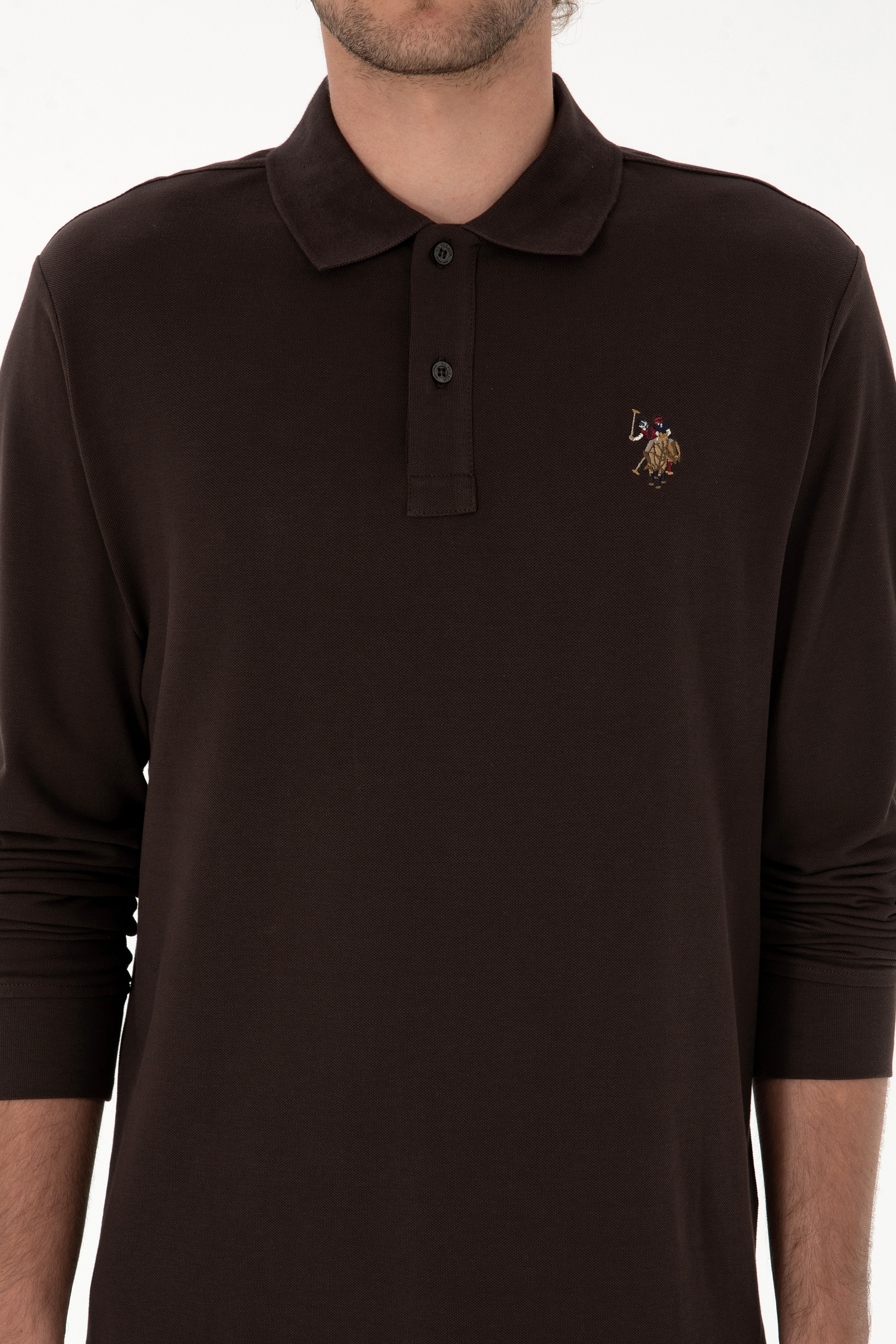 Erkek Regular Fit Polo Yaka Koyu Kahverengi Basic Sweatshirt