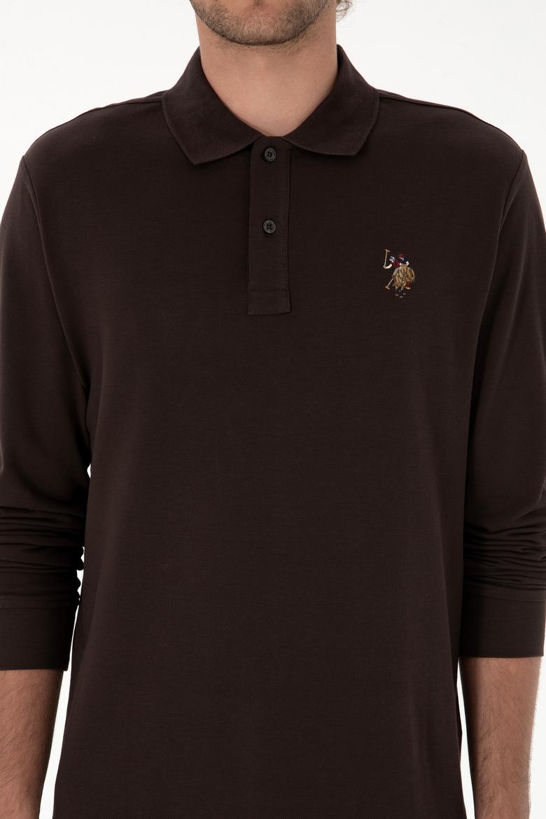 Erkek Regular Fit Polo Yaka Koyu Kahverengi Basic Sweatshirt - 50313772096