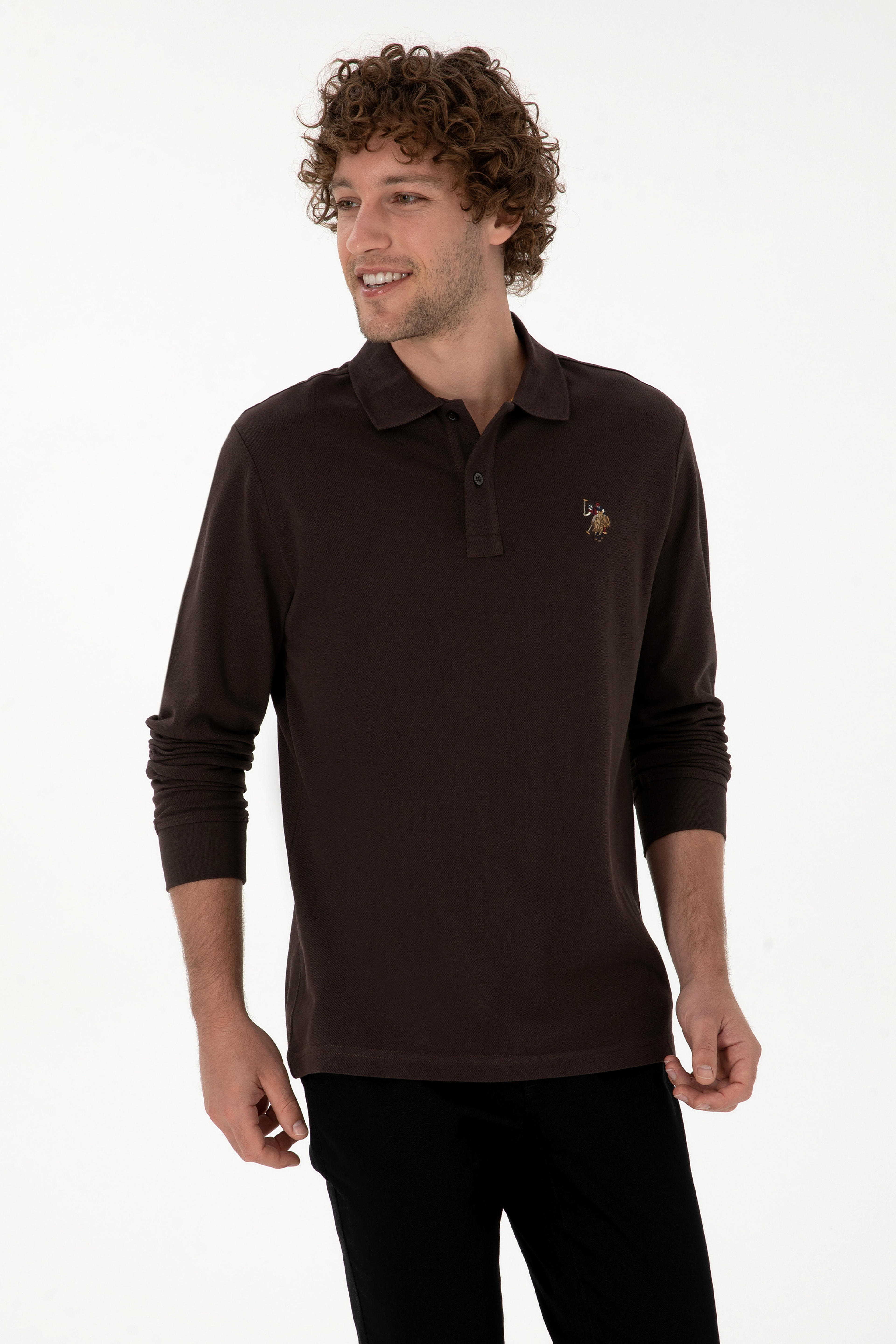 Erkek Regular Fit Polo Yaka Koyu Kahverengi Basic Sweatshirt