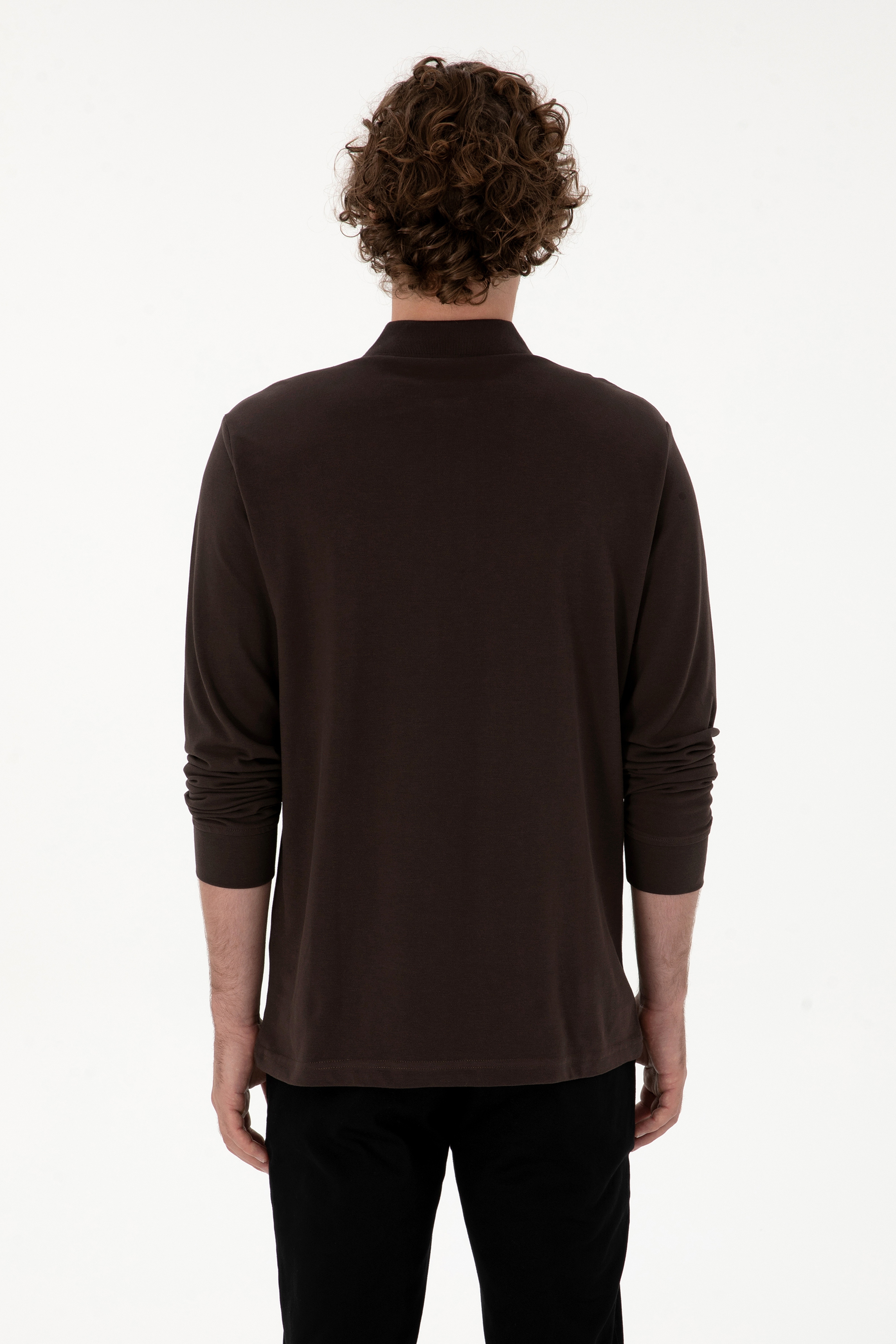 Erkek Regular Fit Polo Yaka Koyu Kahverengi Basic Sweatshirt