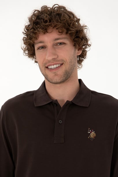 Erkek Regular Fit Polo Yaka Koyu Kahverengi Basic Sweatshirt