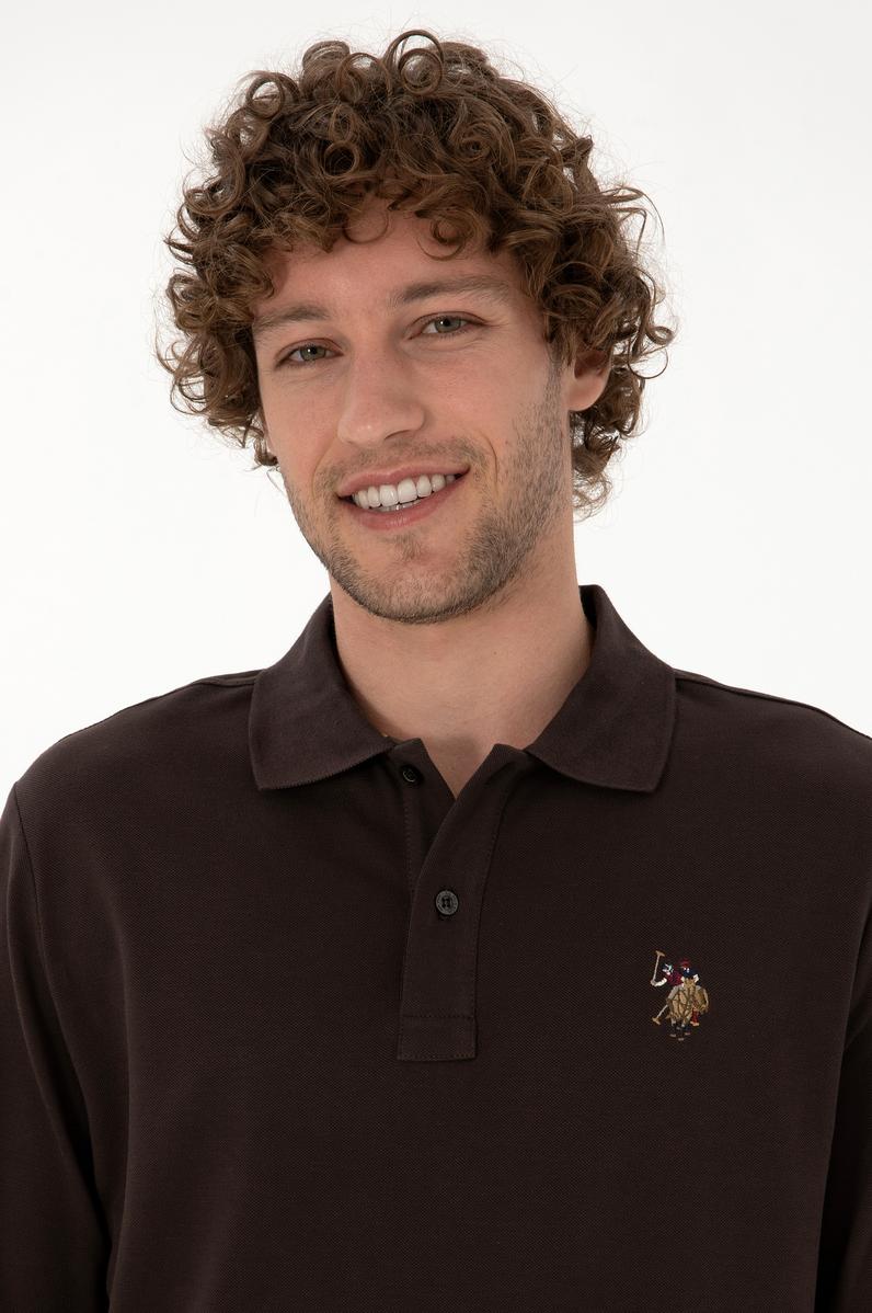 Erkek Regular Fit Polo Yaka Koyu Kahverengi Basic Sweatshirt