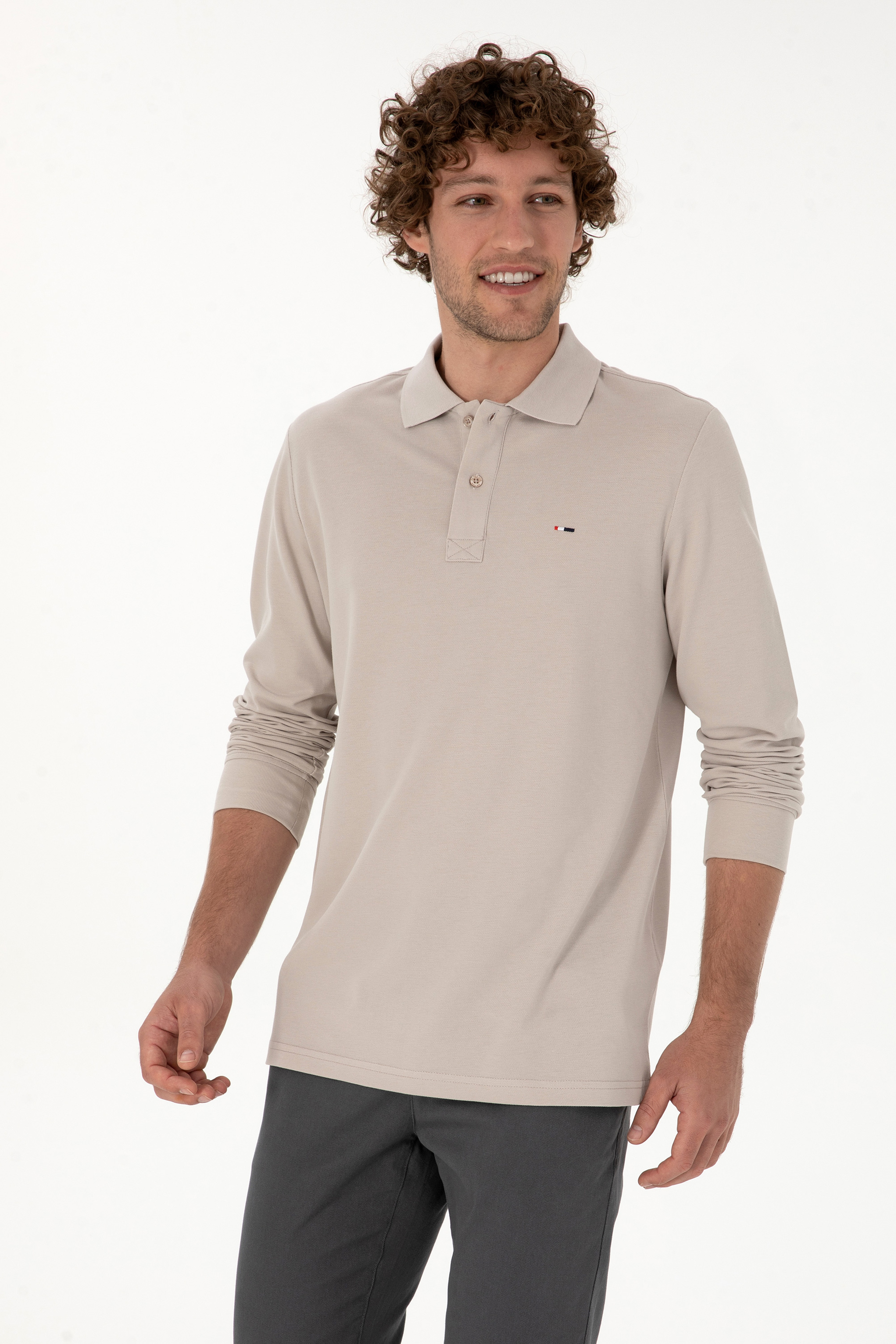 Erkek Regular Fit Polo Yaka Taş Basic Sweatshirt - Image 3