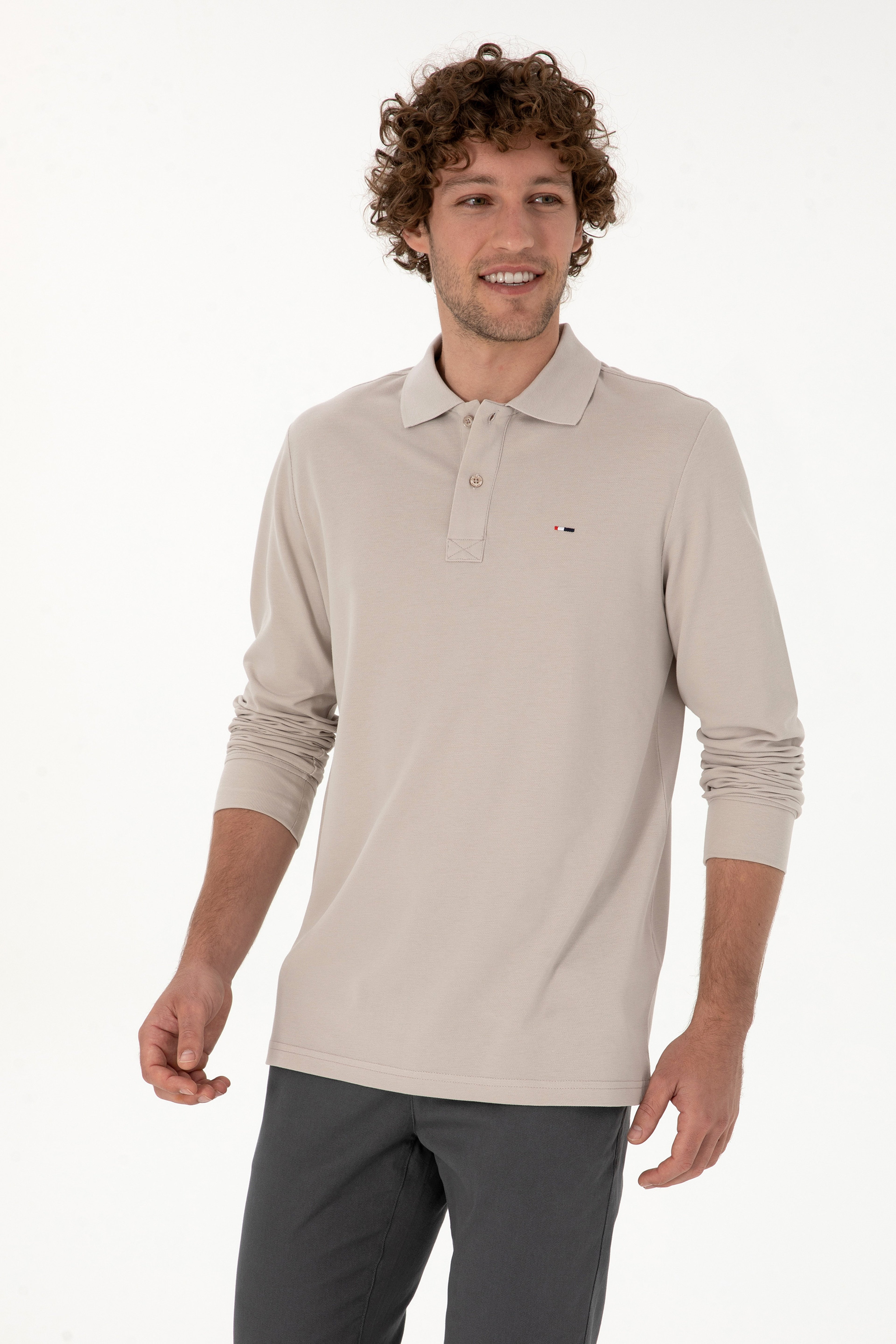 Erkek Regular Fit Polo Yaka Taş Basic Sweatshirt