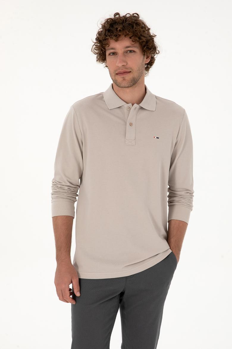 Erkek Regular Fit Polo Yaka Taş Basic Sweatshirt