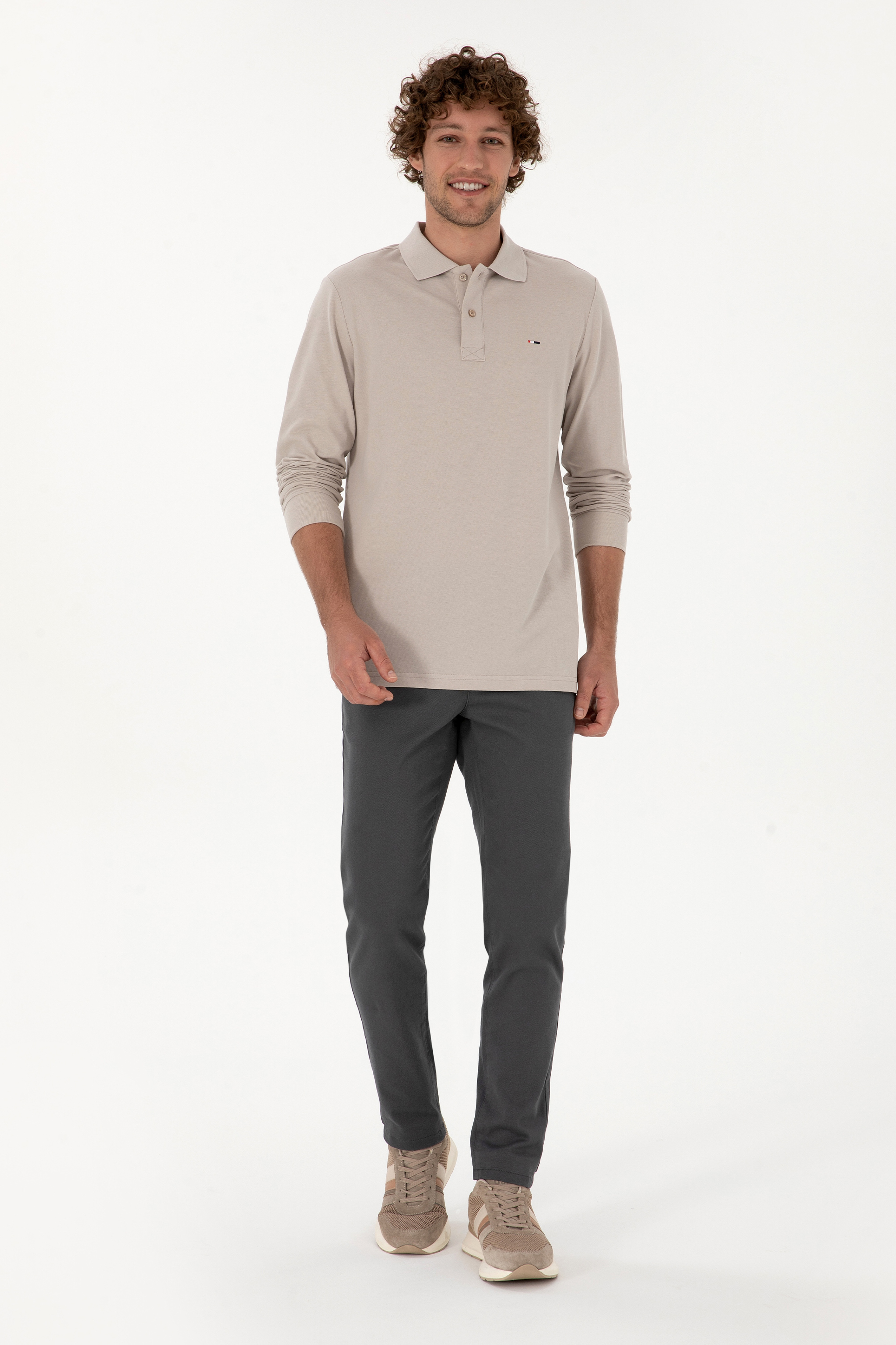 Erkek Regular Fit Polo Yaka Taş Basic Sweatshirt