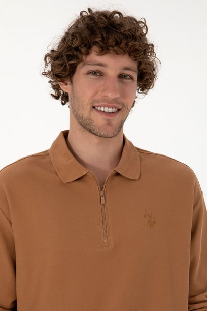 Erkek Comfort Fit Yarım Fermuarlı Camel Sweatshirt