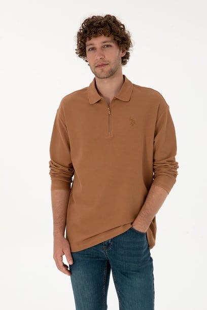 Erkek Comfort Fit Yarım Fermuarlı Camel Sweatshirt