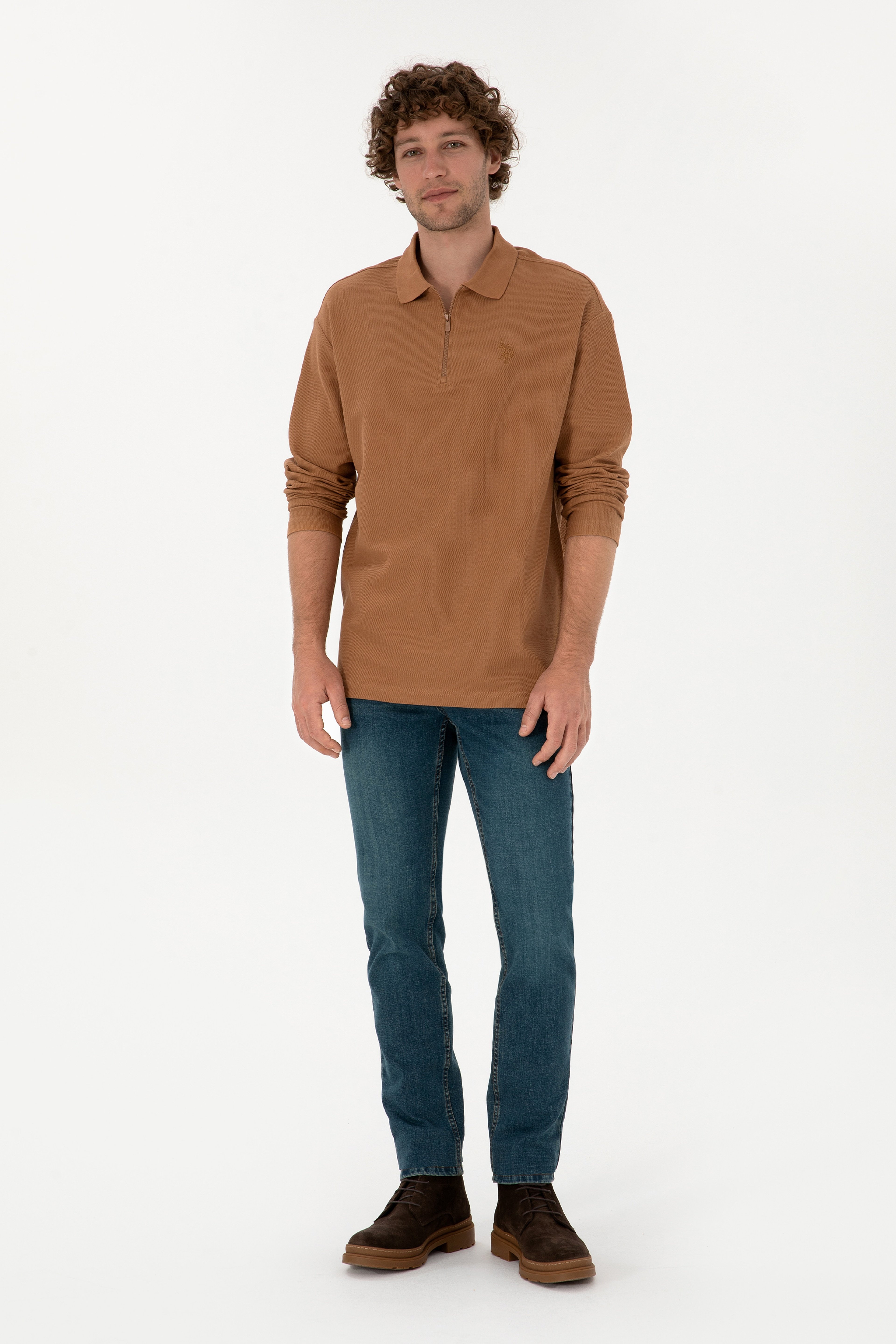 Erkek Comfort Fit Yarım Fermuarlı Camel Sweatshirt - Image 4