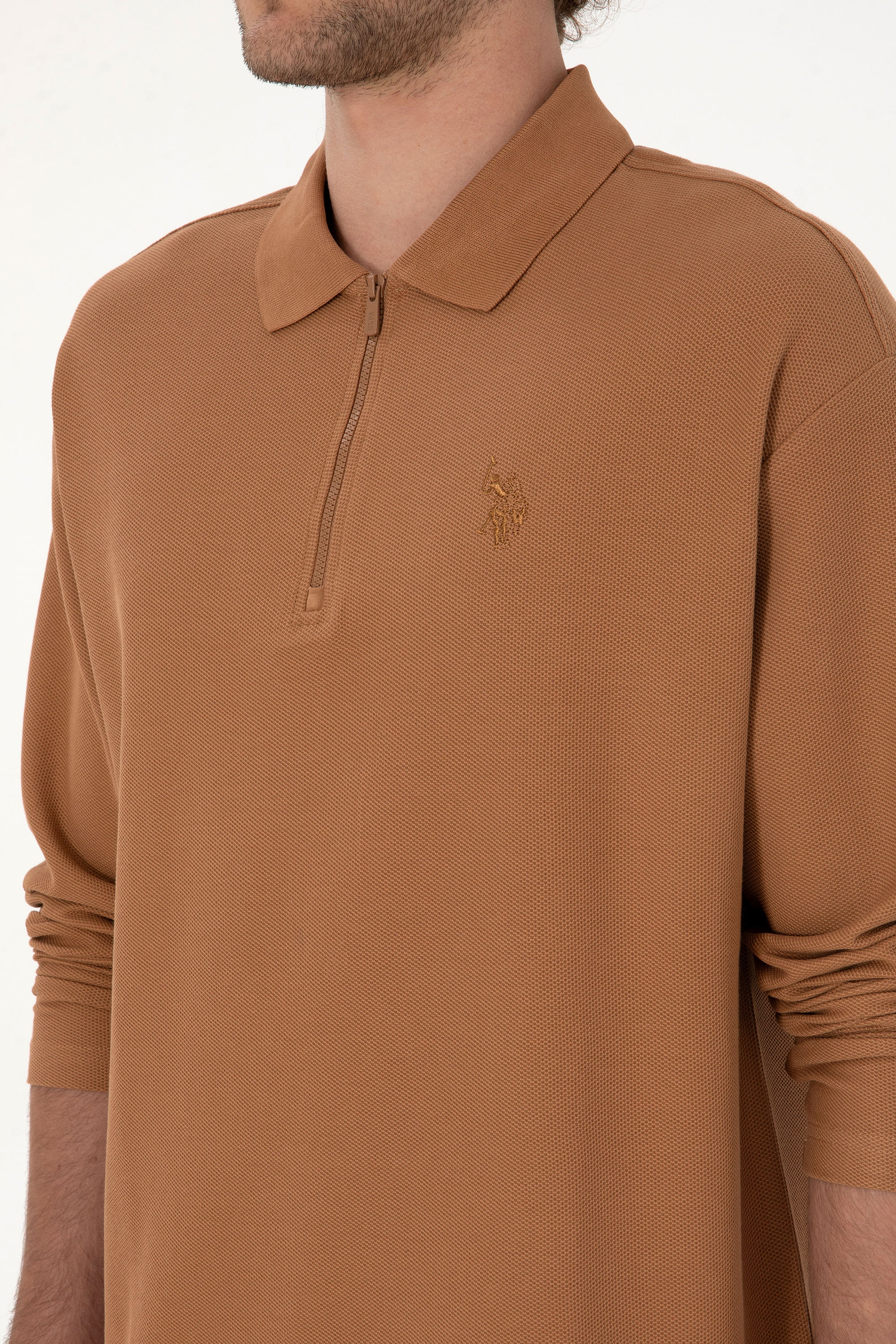 Erkek Comfort Fit Yarım Fermuarlı Camel Sweatshirt - Image 7