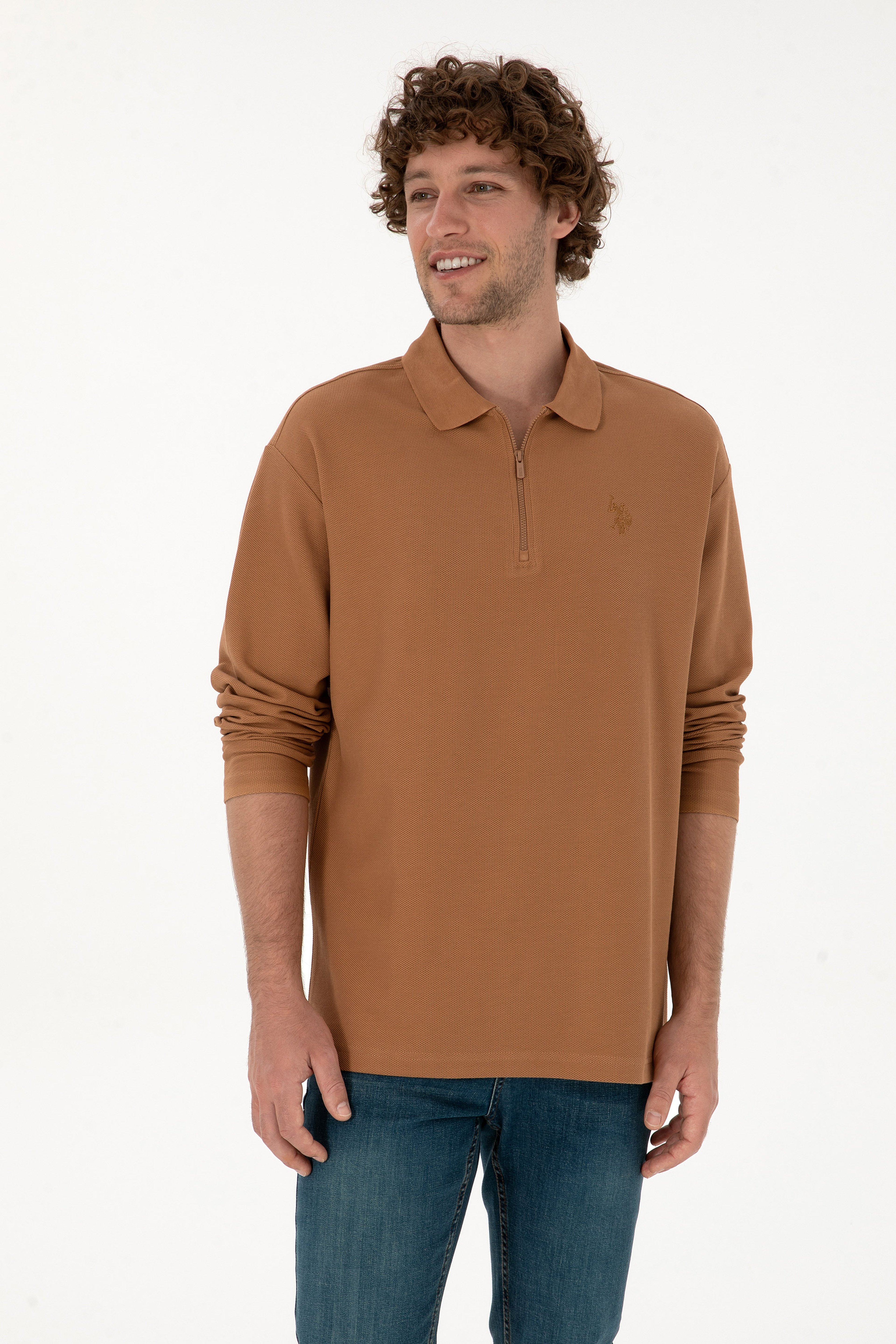 Erkek Comfort Fit Yarım Fermuarlı Camel Sweatshirt - Image 1