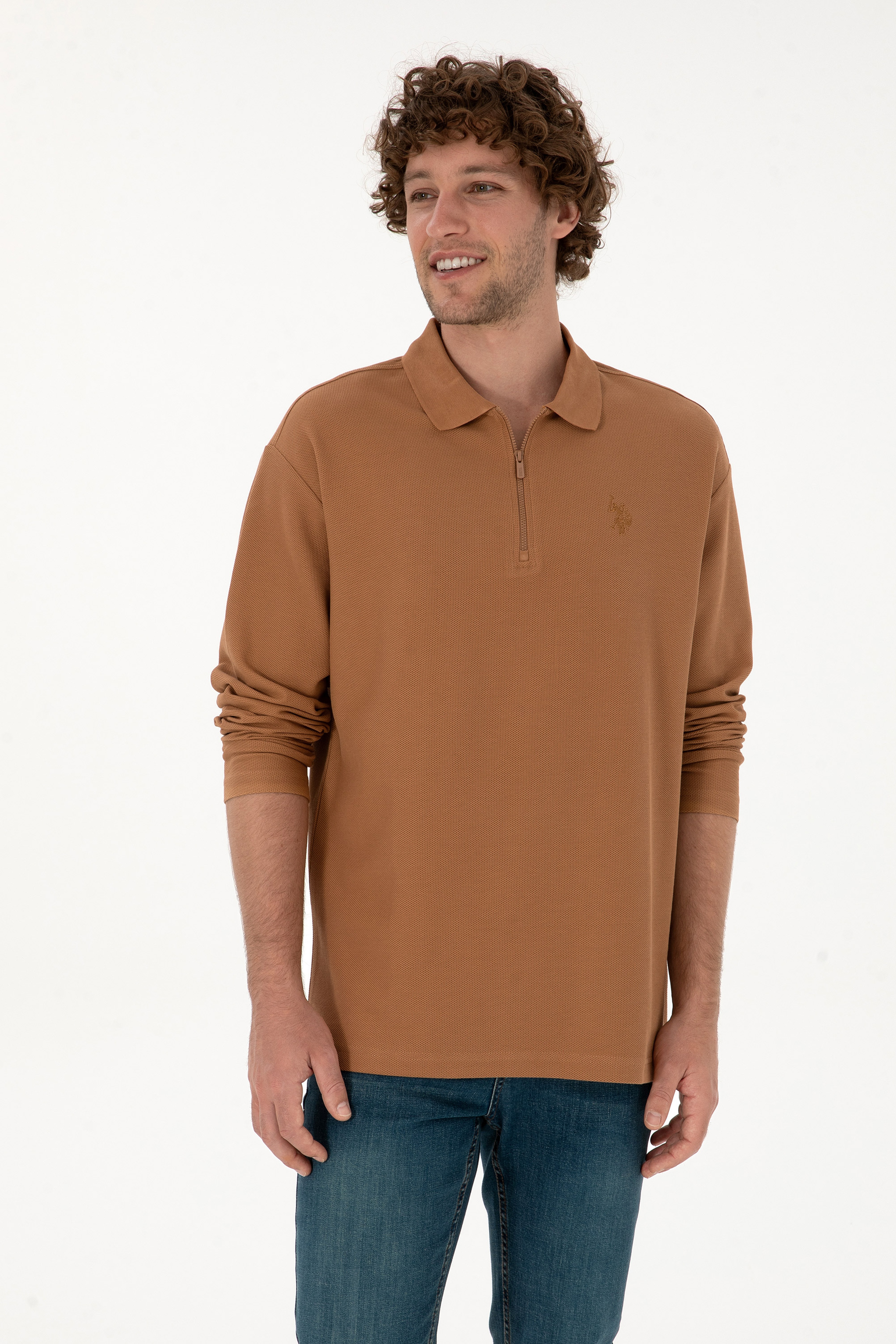 Erkek Comfort Fit Yarım Fermuarlı Camel Sweatshirt