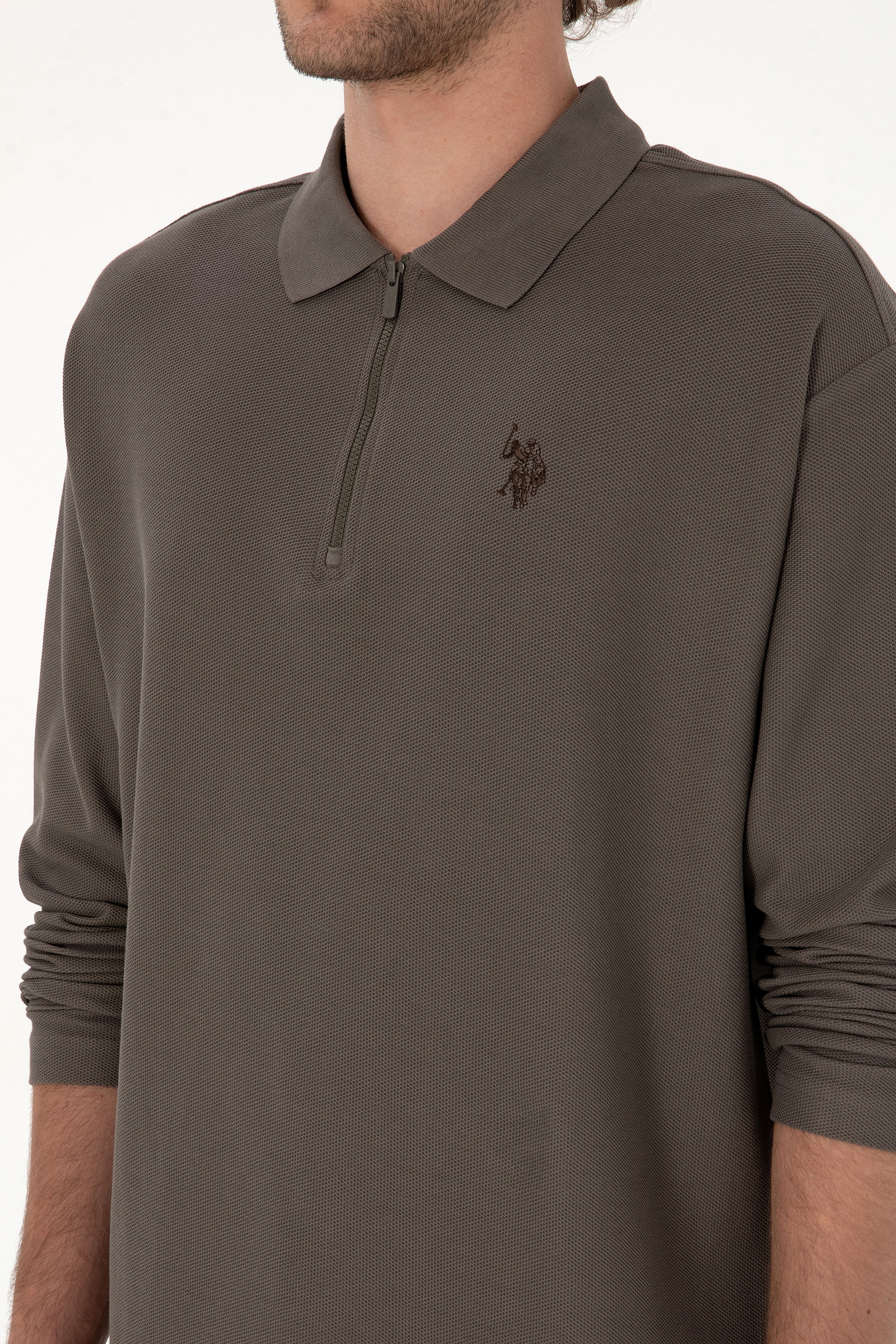 Erkek Comfort Fit Yarım Fermuarlı Vizon Sweatshirt