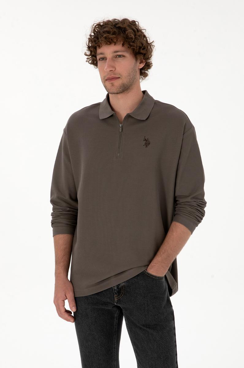 Erkek Comfort Fit Yarım Fermuarlı Vizon Sweatshirt