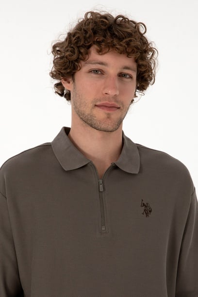 Erkek Comfort Fit Yarım Fermuarlı Vizon Sweatshirt