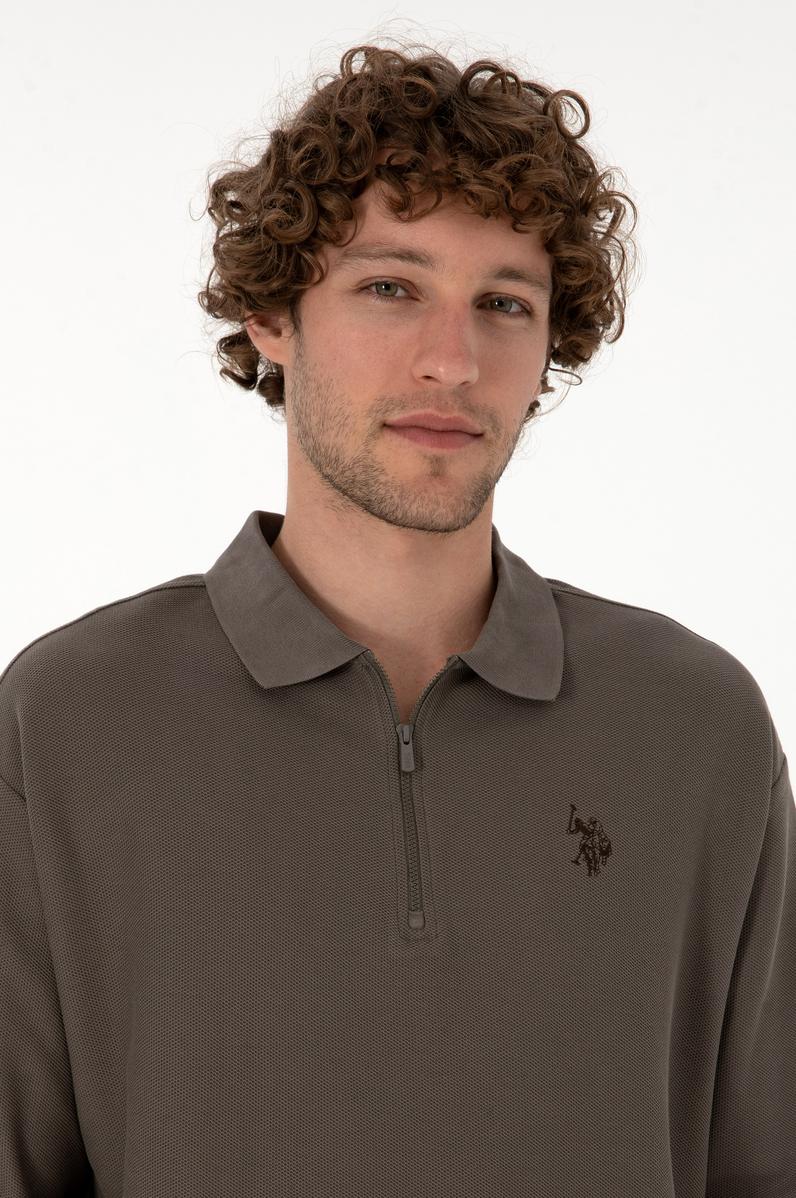 Erkek Comfort Fit Yarım Fermuarlı Vizon Sweatshirt